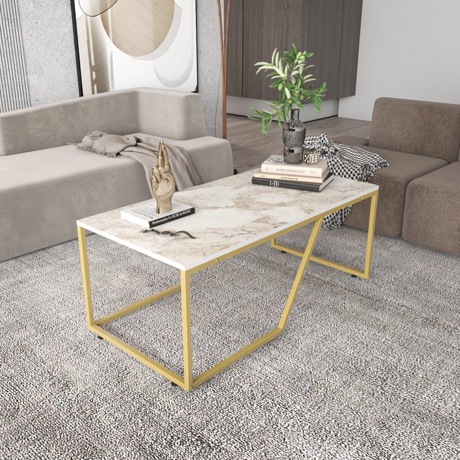 Masuta cafea Wendy, alb cu efect de marmura/auriu, PAL melaminat, 120x60x48 cm