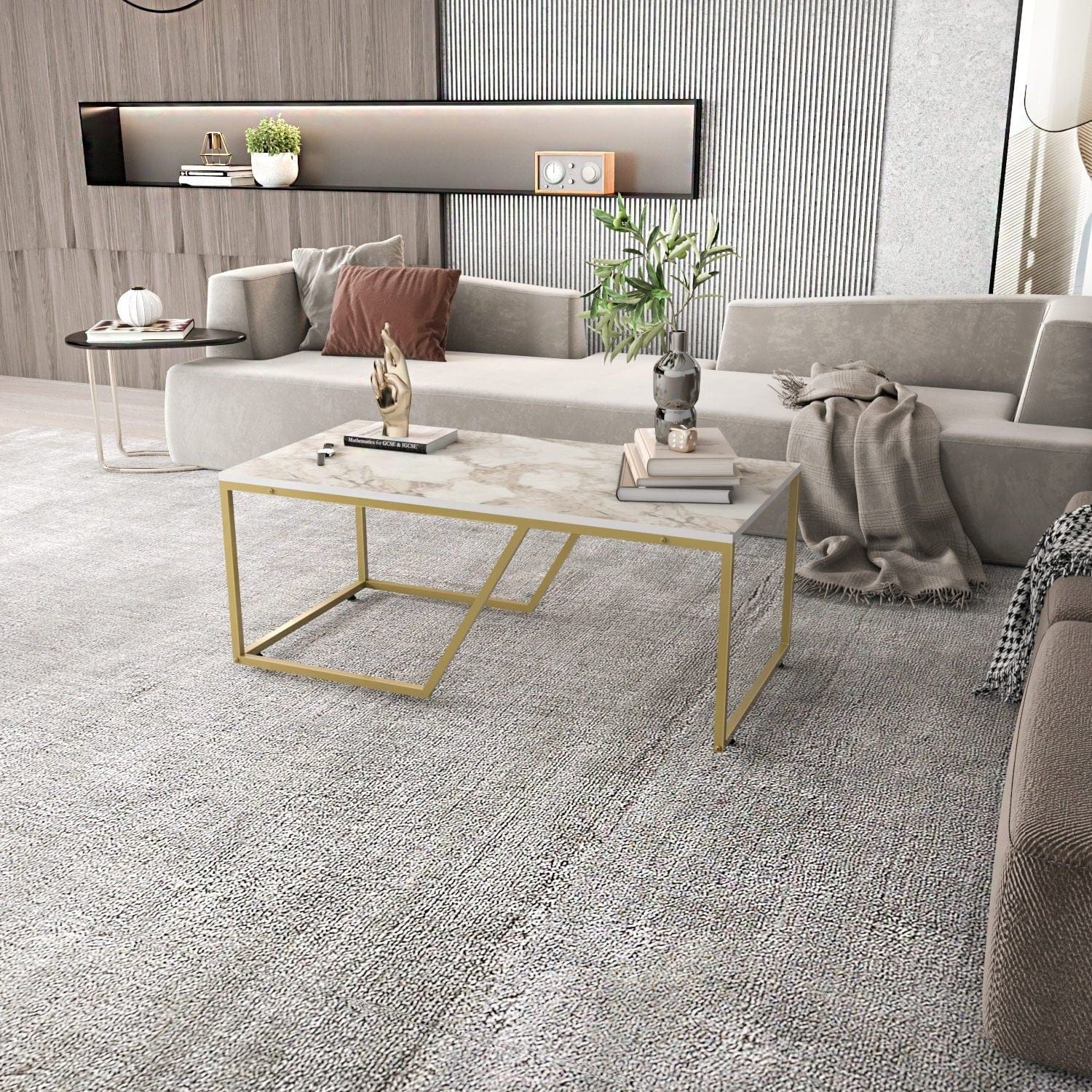 Masuta cafea Wendy, alb cu efect de marmura/auriu, PAL melaminat, 120x60x48 cm