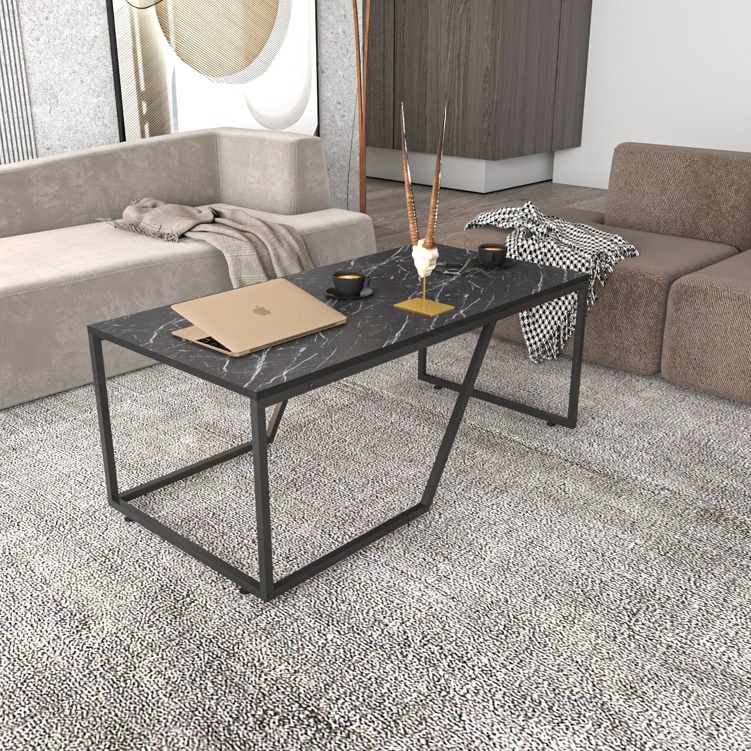 Masuta cafea Wendy, negru cu efect de marmura, PAL melaminat, 120x60x48 cm