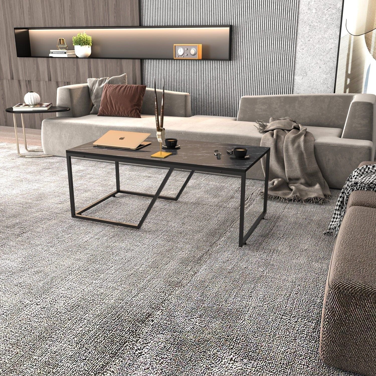 Masuta cafea Wendy, negru cu efect de marmura, PAL melaminat, 120x60x48 cm