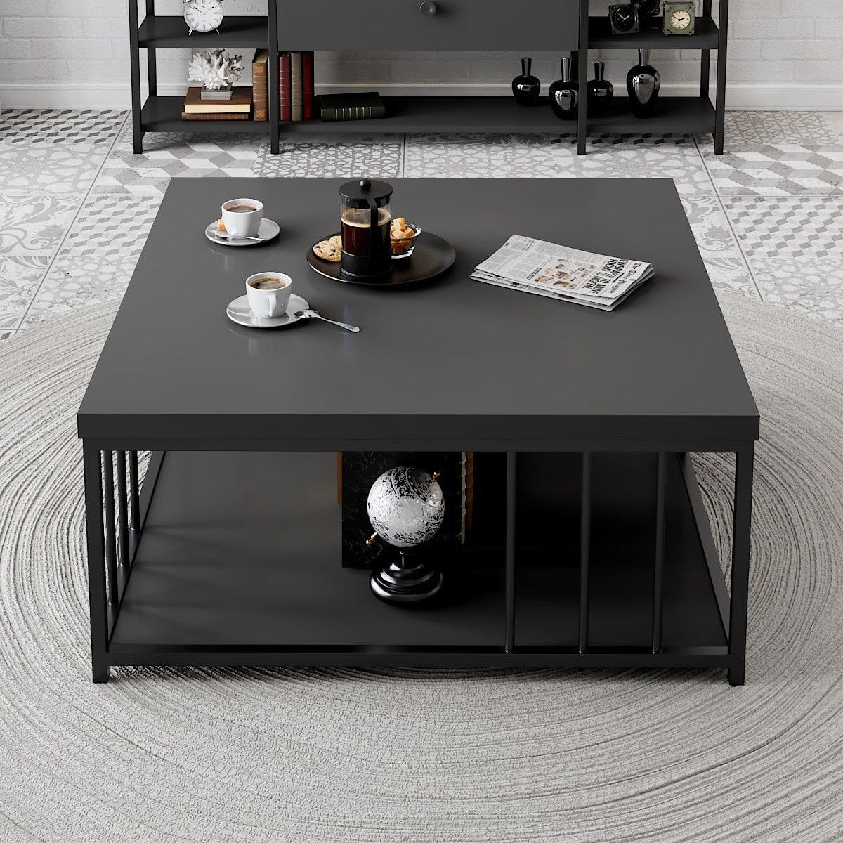 Masuta cafea Zenn, gri antracit/negru, PAL melaminat/metal, 90x90x40 cm