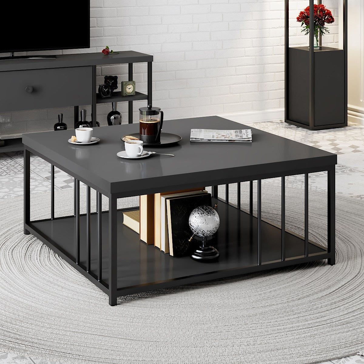 Masuta cafea Zenn, gri antracit/negru, PAL melaminat/metal, 90x90x40 cm