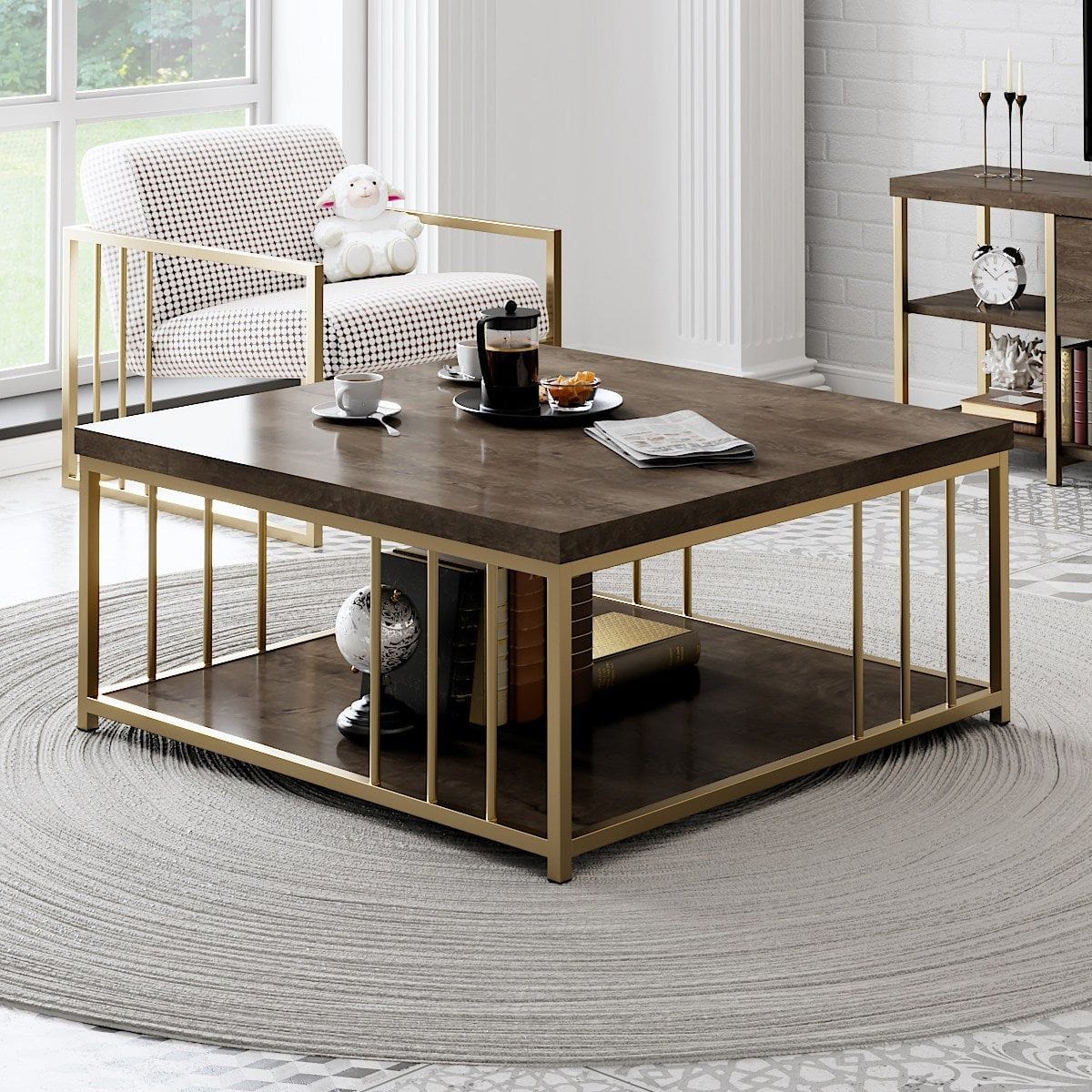 Masuta cafea Zenn, nuc/auriu, PAL melaminat/metal, 90x90x40 cm