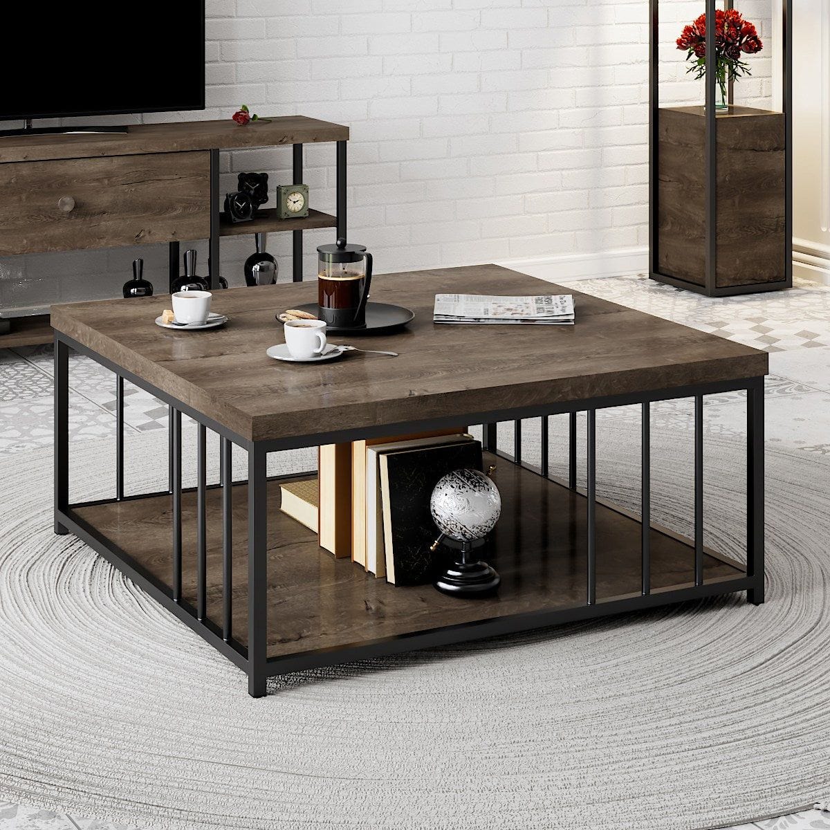 Masuta cafea Zenn, nuc/negru, PAL melaminat, 90x90x40 cm