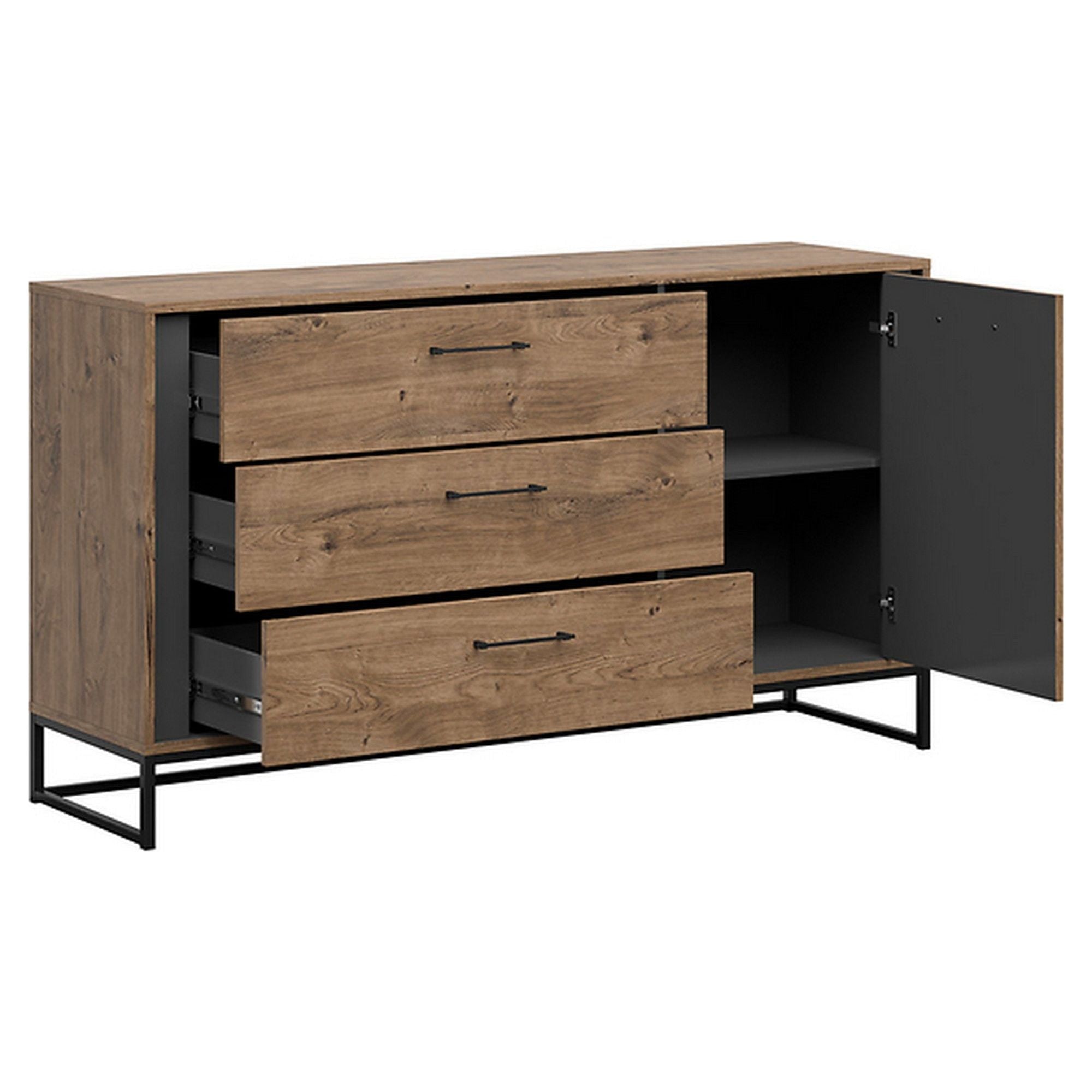 Comoda Luton, gri grafit/stejar, MDF/HDF, 160x44x90 cm