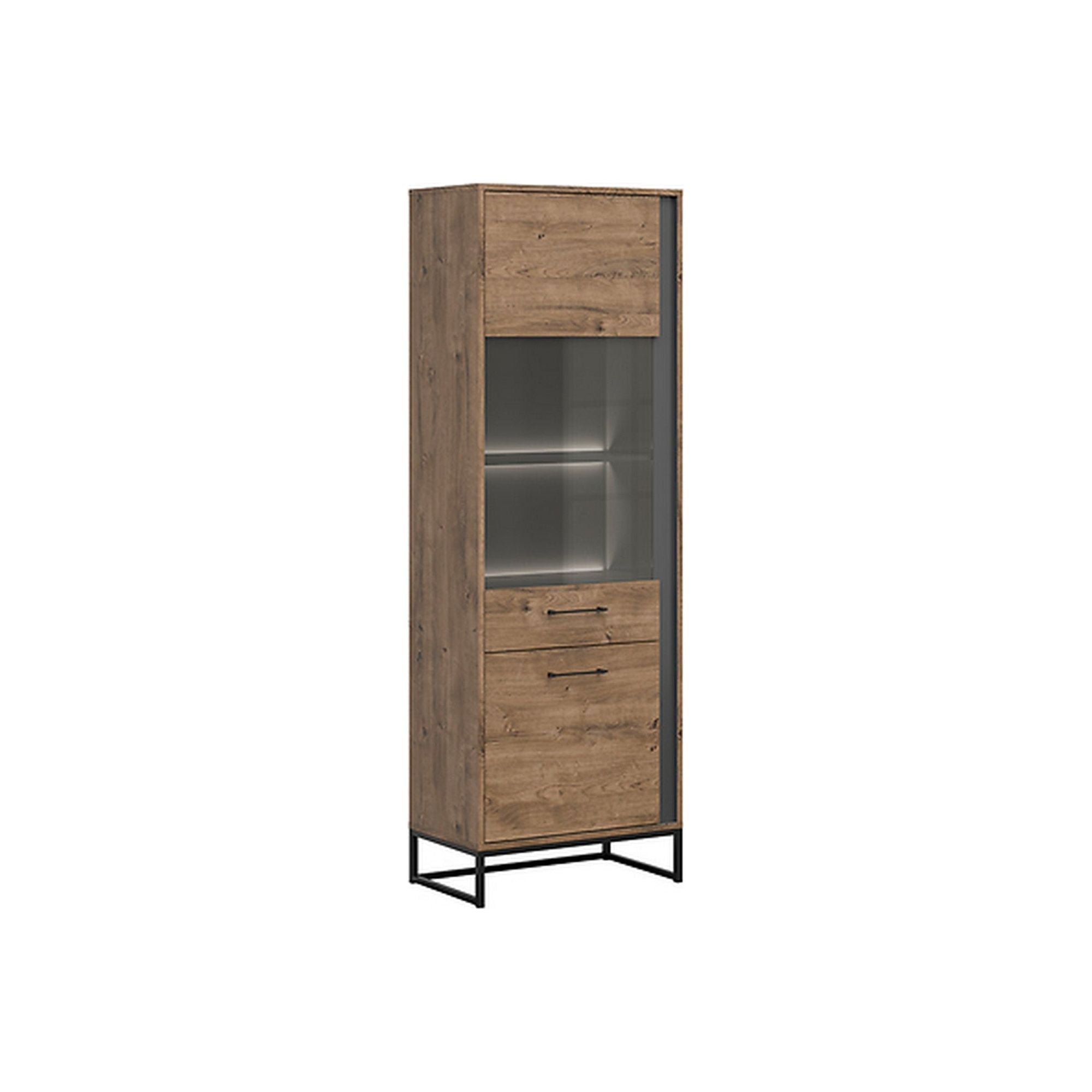 Vitrina Luton, gri grafit/stejar ribbeck maro, MDF/PAL/sticla, 67x40x198 cm