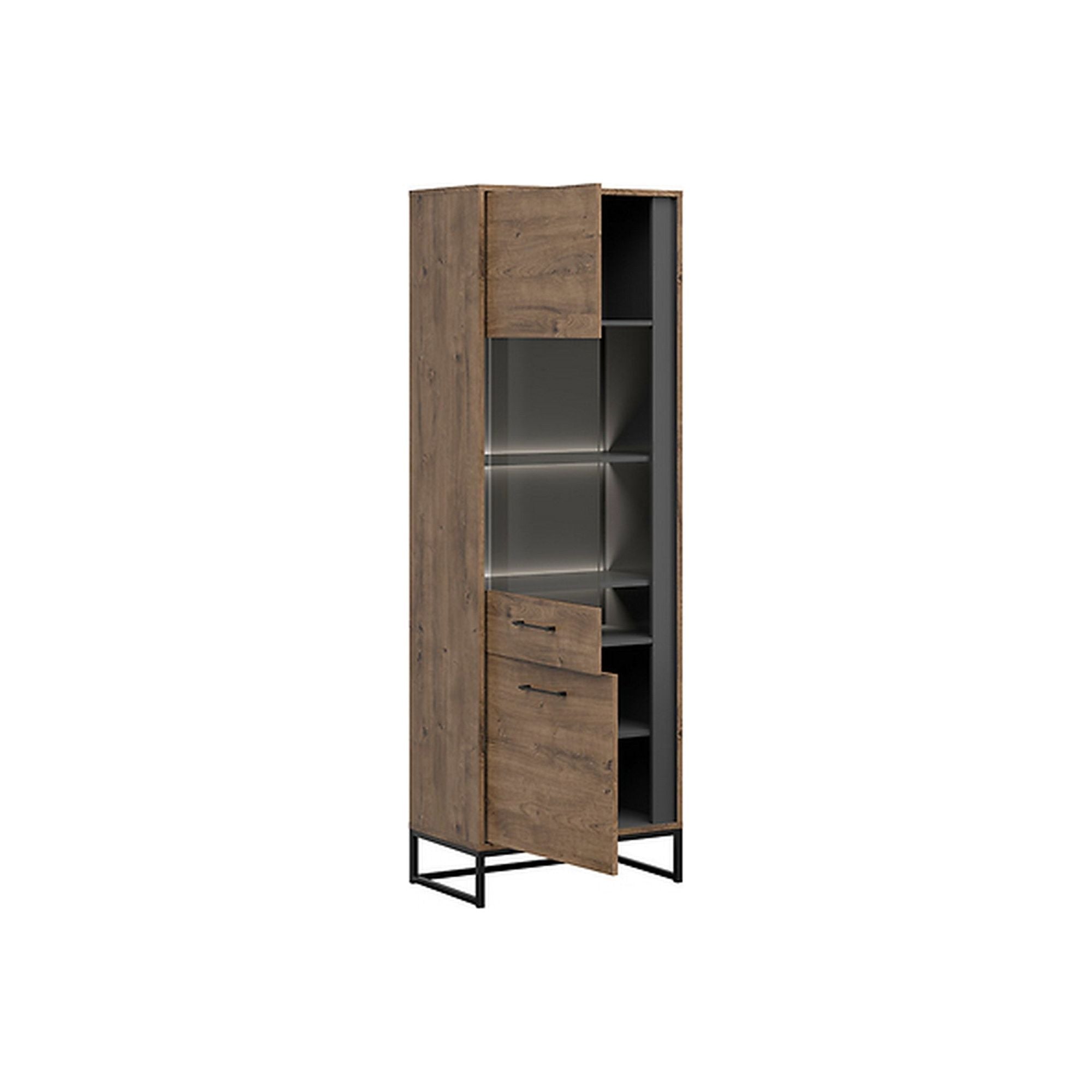 Vitrina Luton, gri grafit/stejar ribbeck maro, MDF/PAL/sticla, 67x40x198 cm
