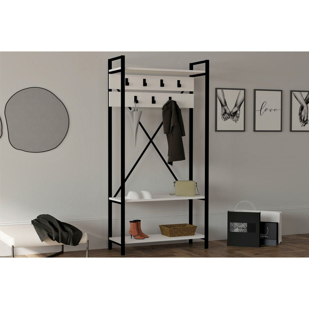 Mobilier hol ALFA, alb/negru, PAL melaminat, 90x34x180 cm