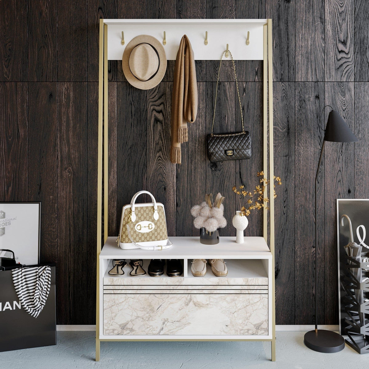 Mobilier hol DEVIN, alb, PAL melaminat/metal, 94x35x180 cm