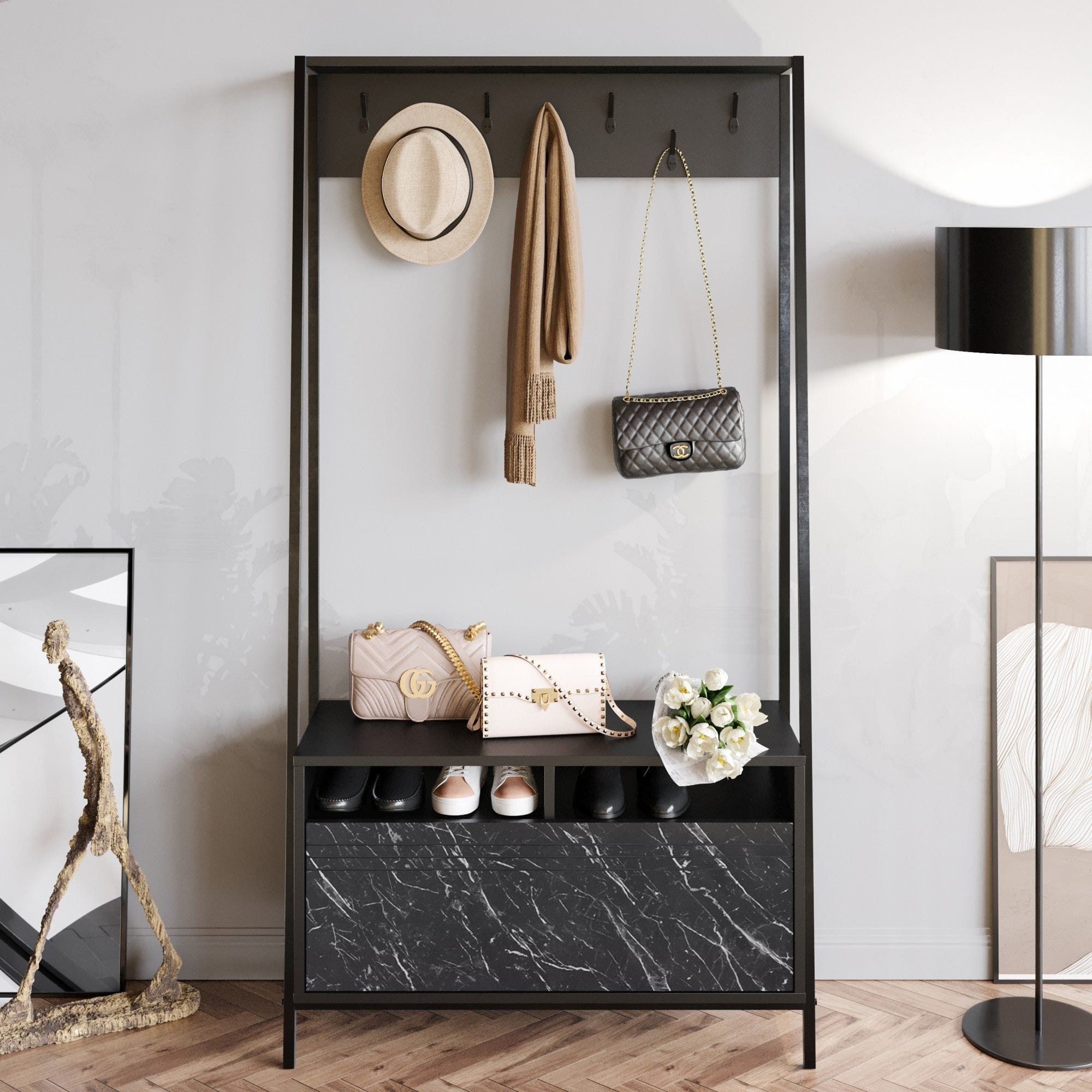 Mobilier hol DEVIN, negru, PAL melaminat/metal, 94x35x180 cm
