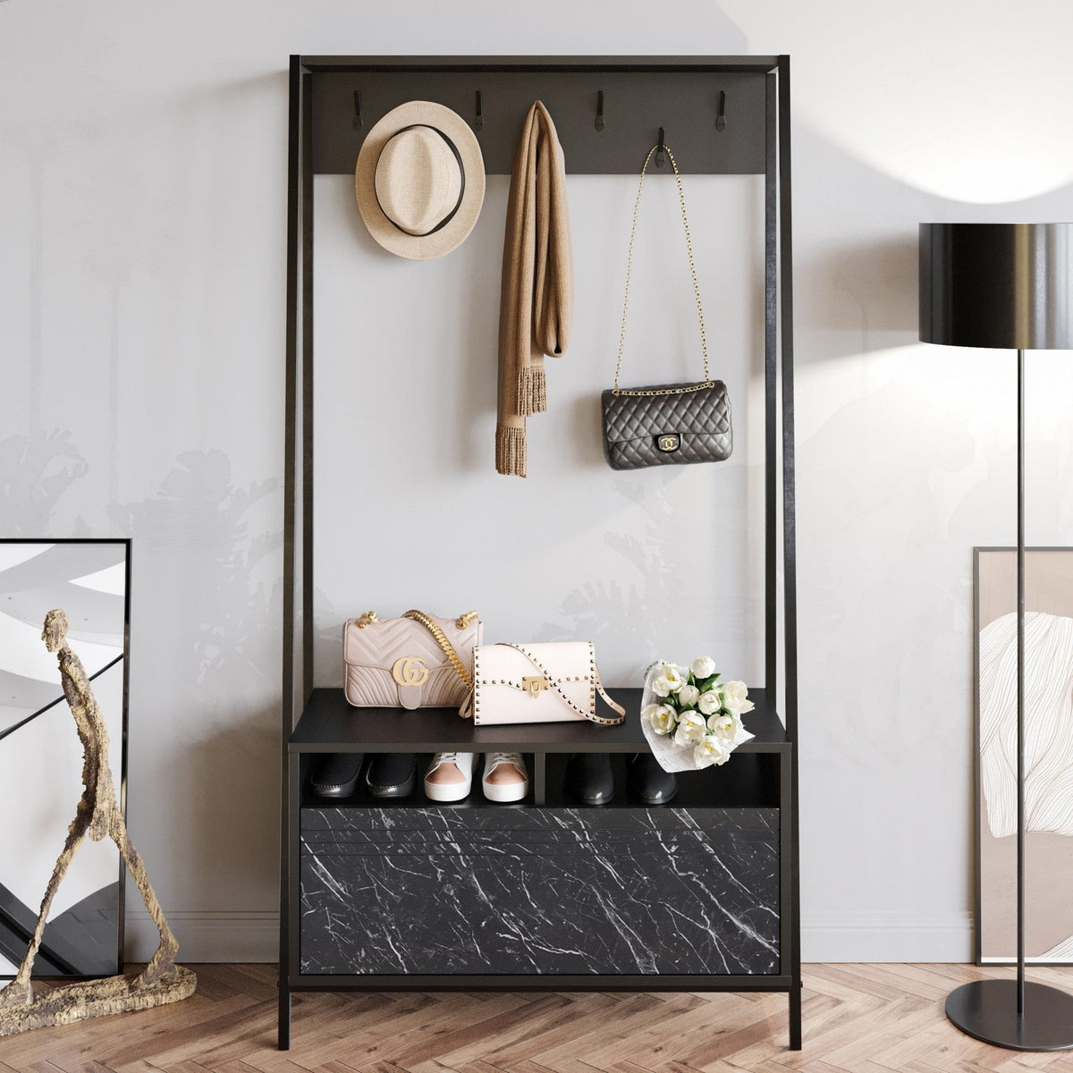 Mobilier hol DEVIN, negru, PAL melaminat/metal, 94x35x180 cm