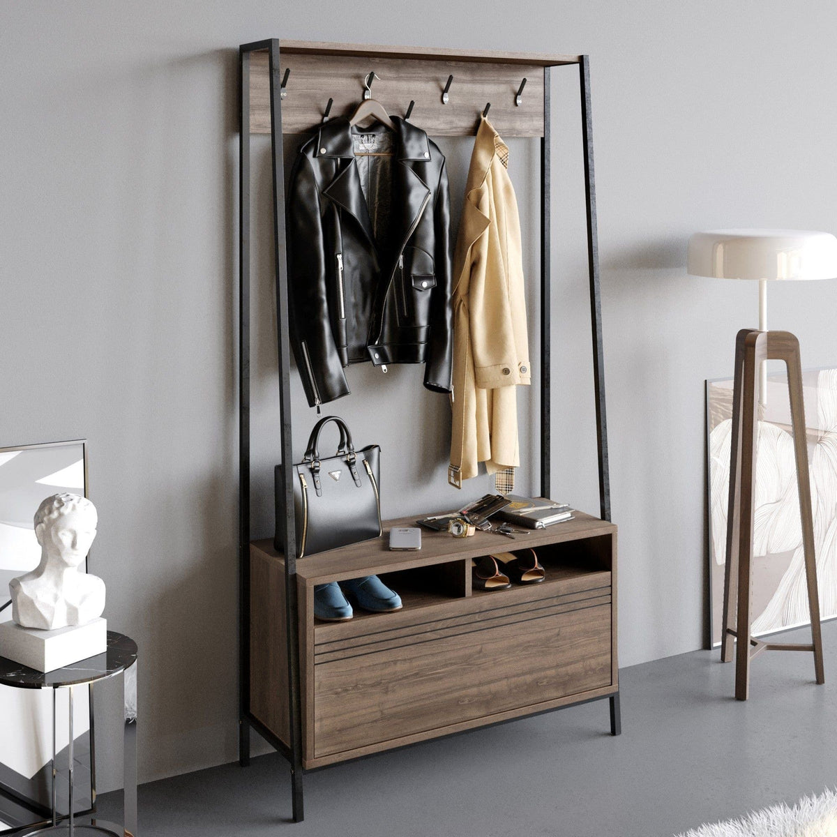 Mobilier hol DEVIN, nuc/negru, PAL melaminat/metal, 94x35x180 cm