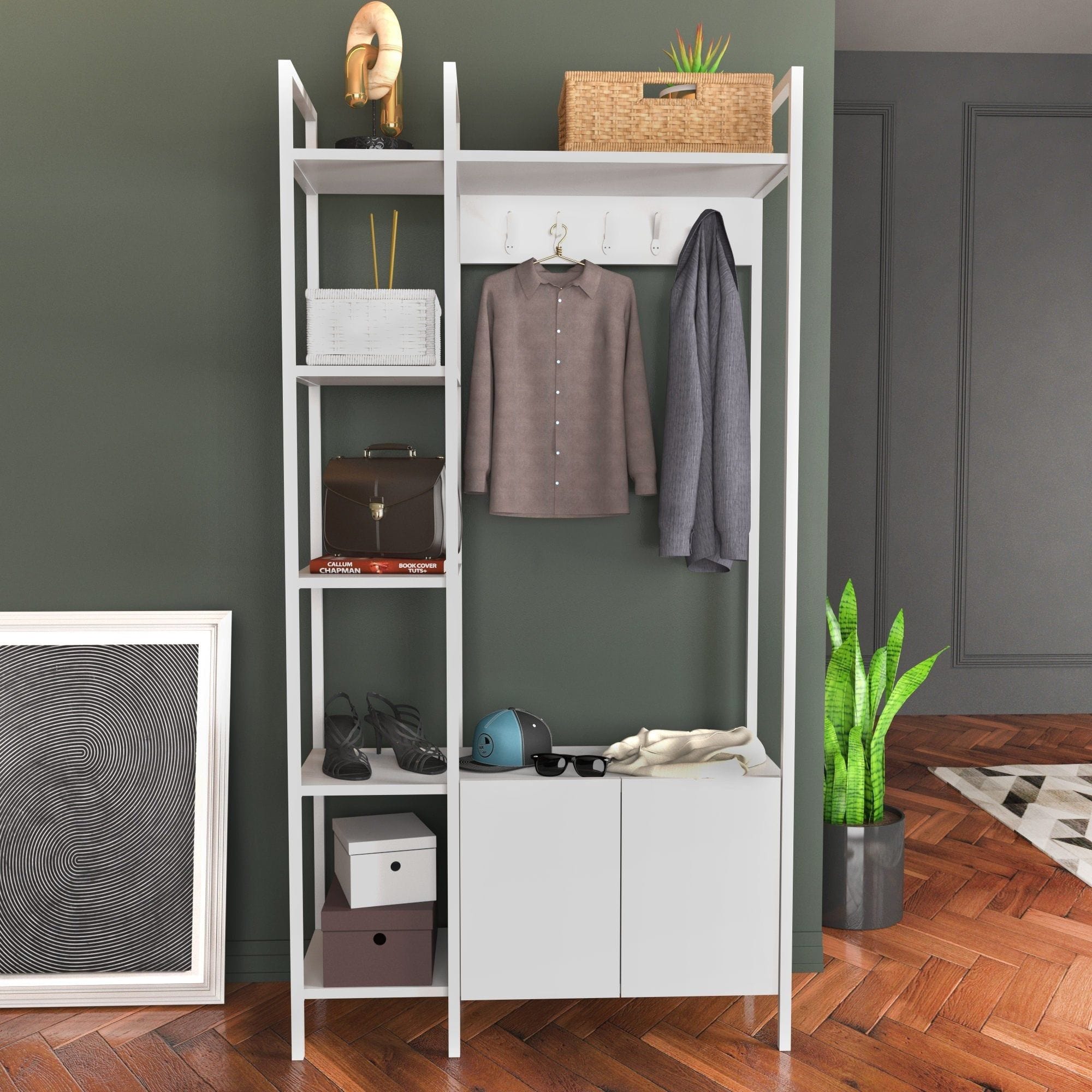 Mobilier hol DOGA, alb, PAL melaminat/metal, 90x35x175 cm