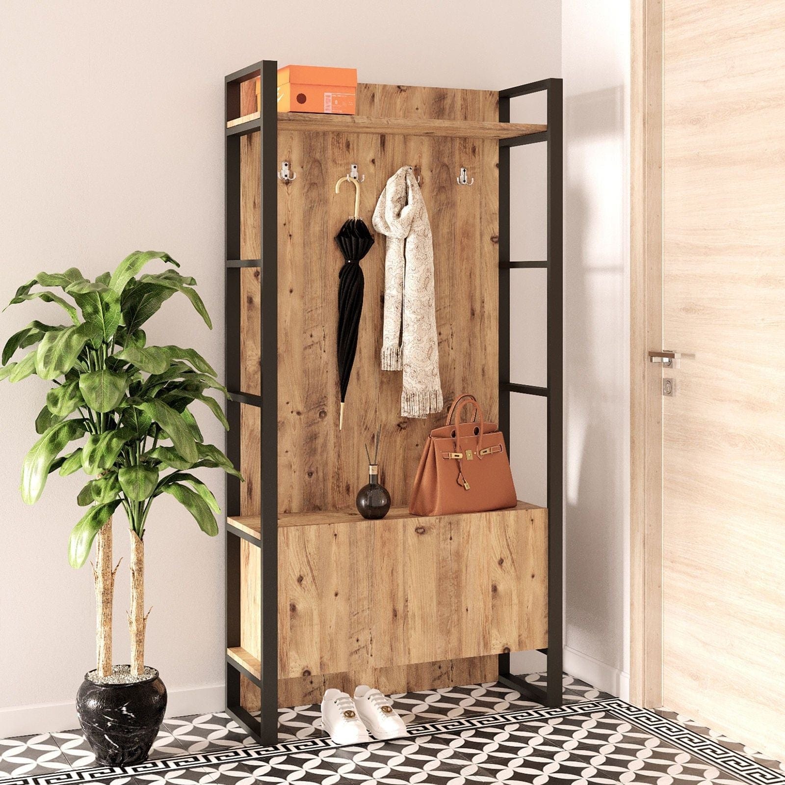 Mobilier hol ML13-A, stejar/negru, PAL melaminat/metal, 90x34x180 cm