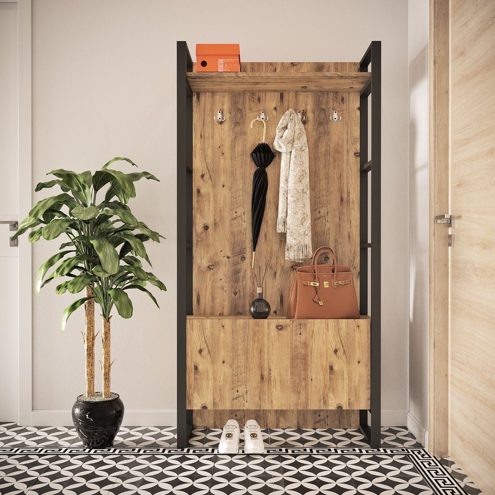 Mobilier hol ML13-A, stejar/negru, PAL melaminat/metal, 90x34x180 cm