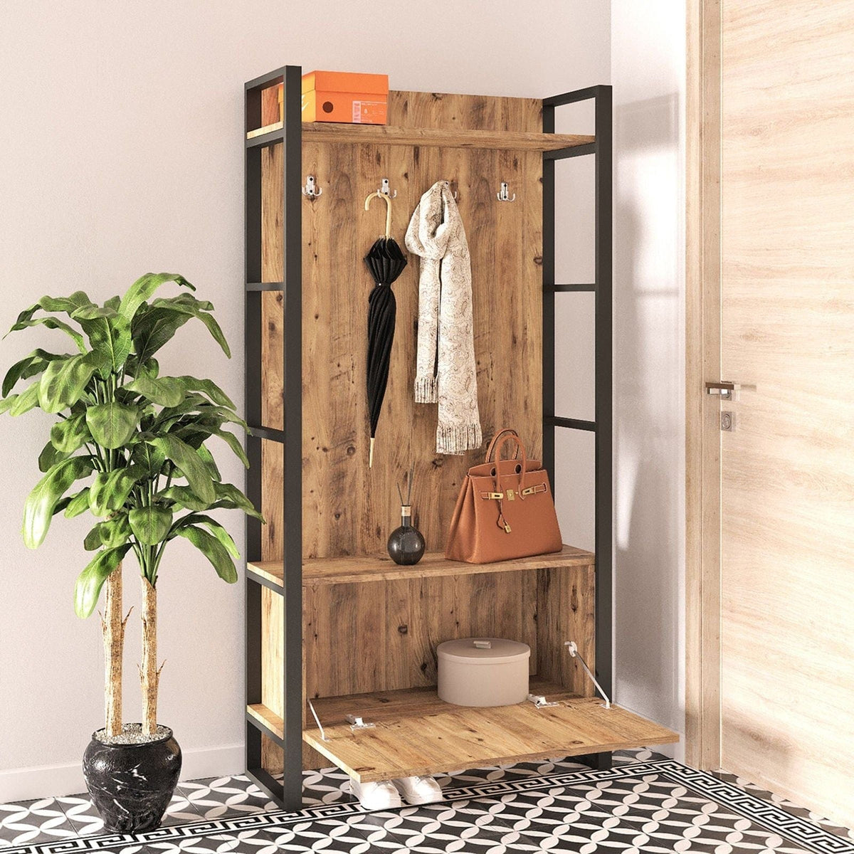 Mobilier hol ML13-A, stejar/negru, PAL melaminat/metal, 90x34x180 cm