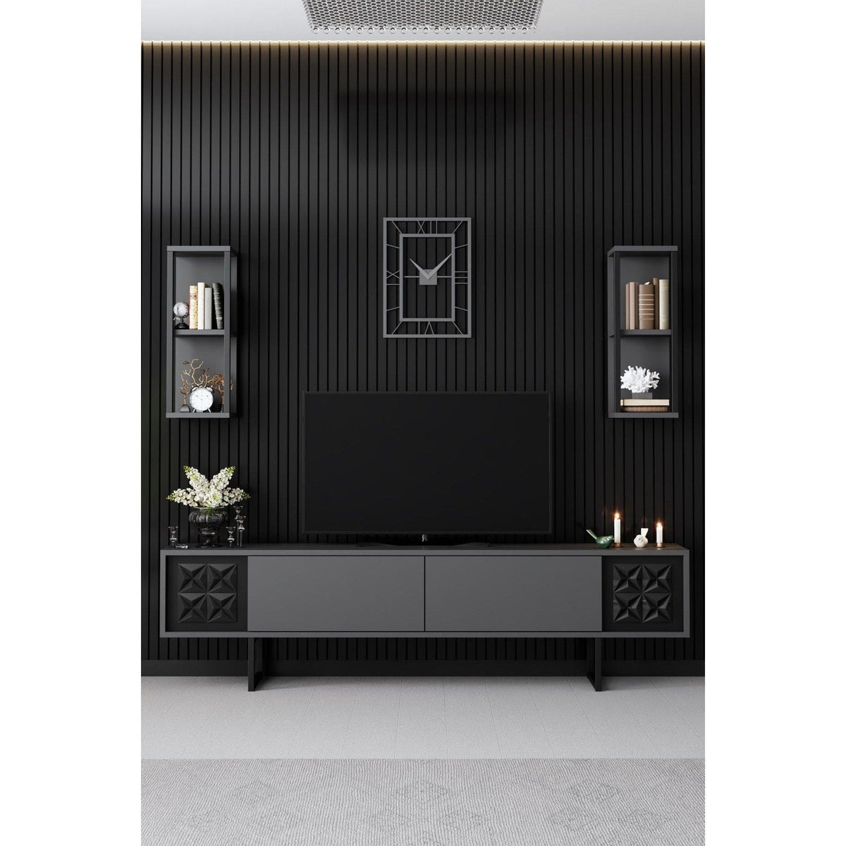 Mobilier living 618BLY1139, gri/negru, PAL melaminat, 3 piese