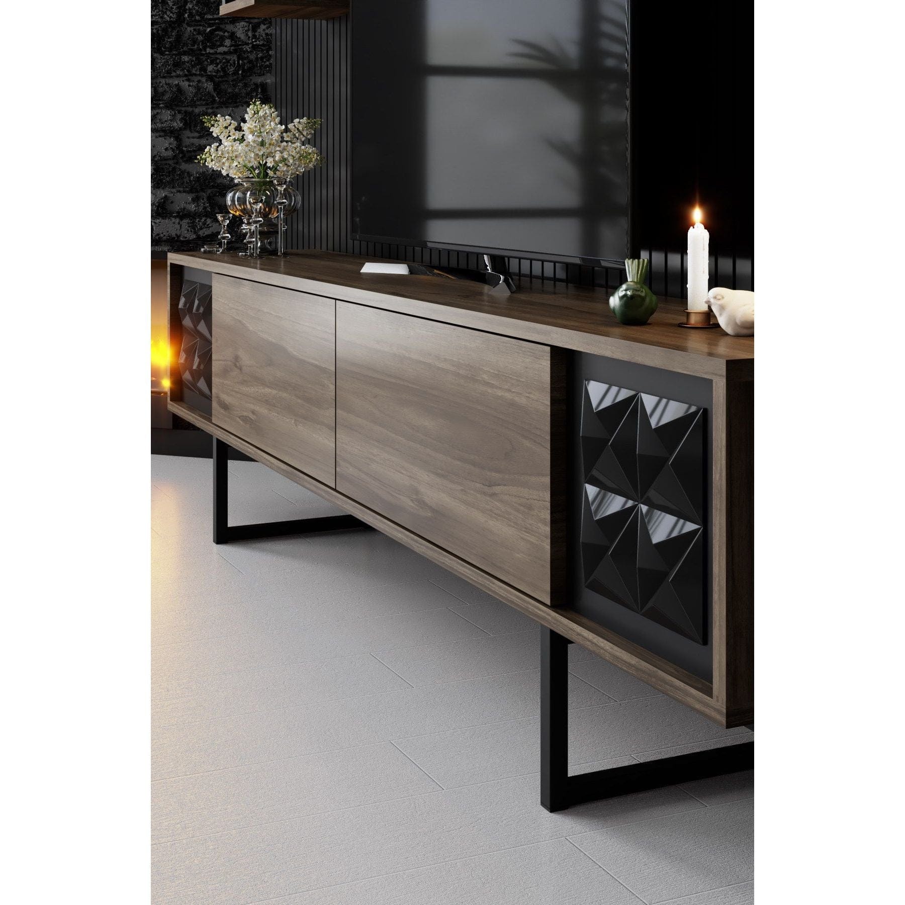 Mobilier living 618BLY1141, stejar inchis/negru, PAL melaminat/metal, 3 piese