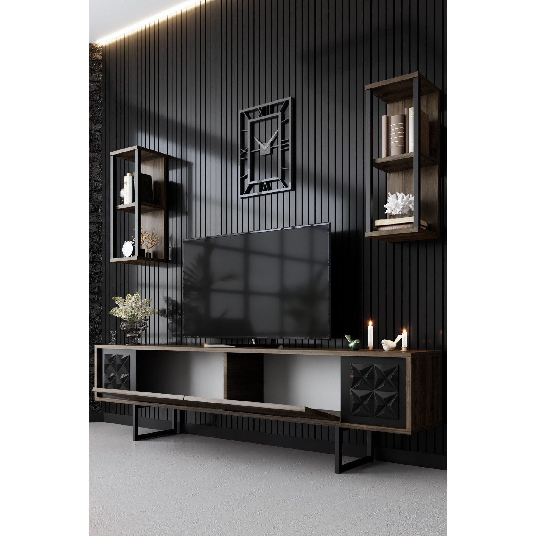 Mobilier living 618BLY1141, stejar inchis/negru, PAL melaminat/metal, 3 piese