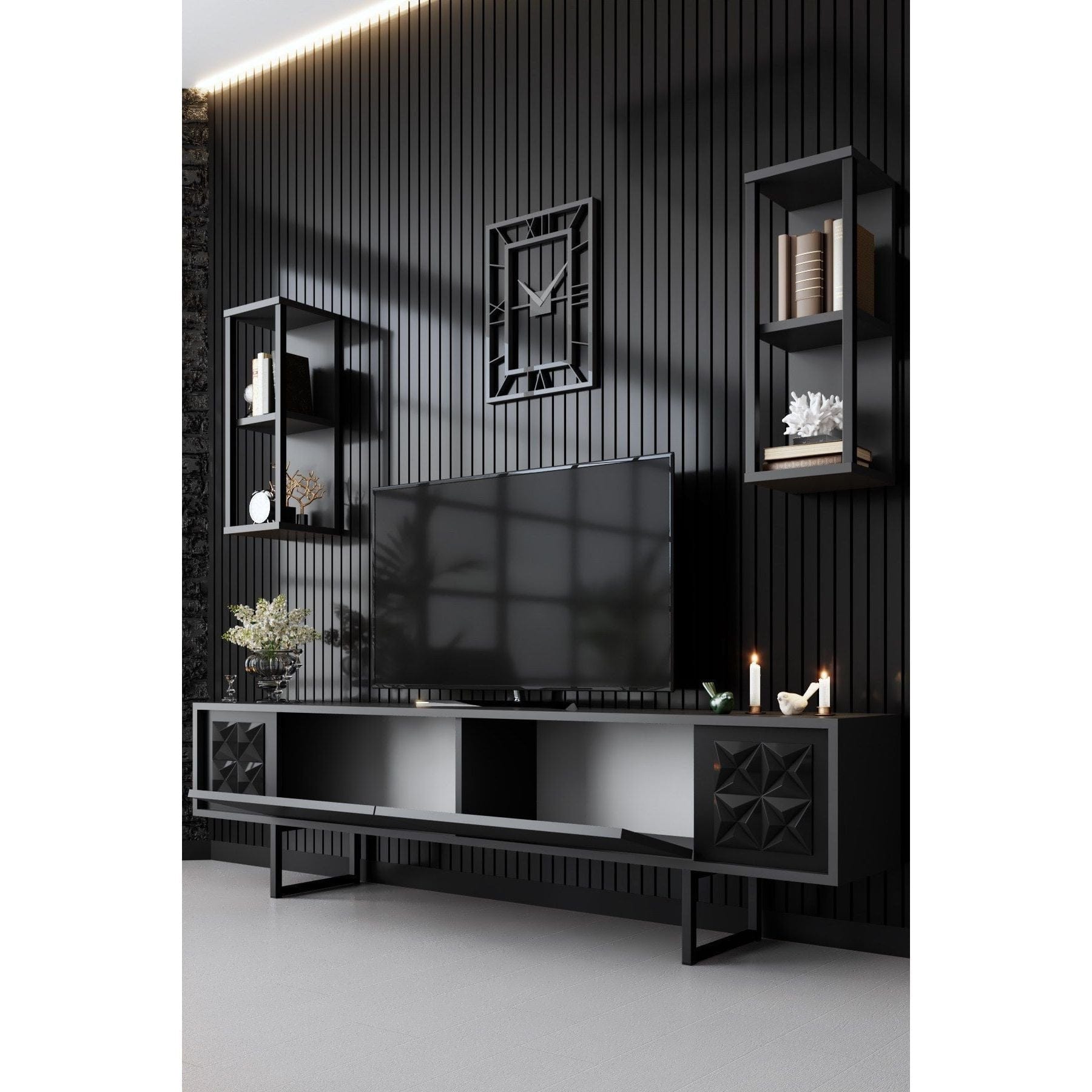 Mobilier living 618BLY1154, gri/negru, PAL melaminat/metal, 4 piese