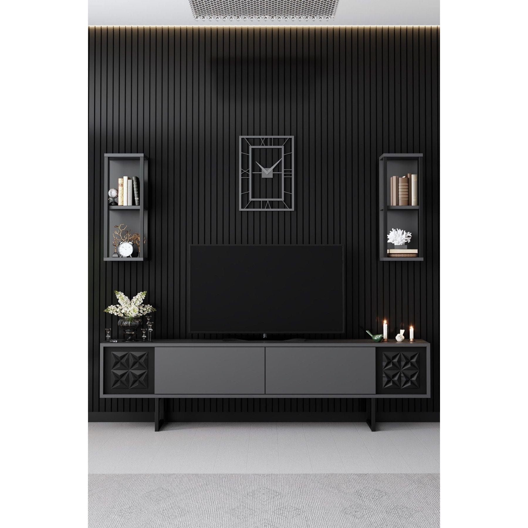 Mobilier living 618BLY1154, gri/negru, PAL melaminat/metal, 4 piese