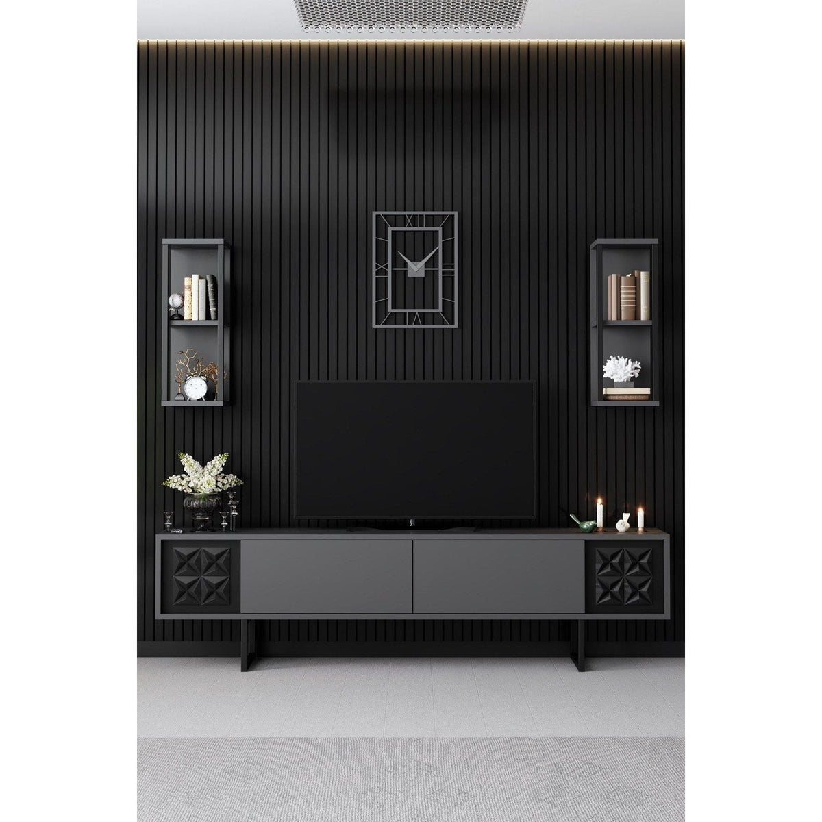 Mobilier living 618BLY1154, gri/negru, PAL melaminat/metal, 4 piese