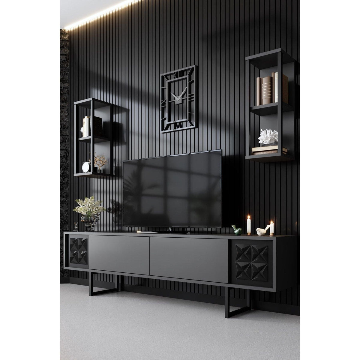 Mobilier living 618BLY1154, gri/negru, PAL melaminat/metal, 4 piese