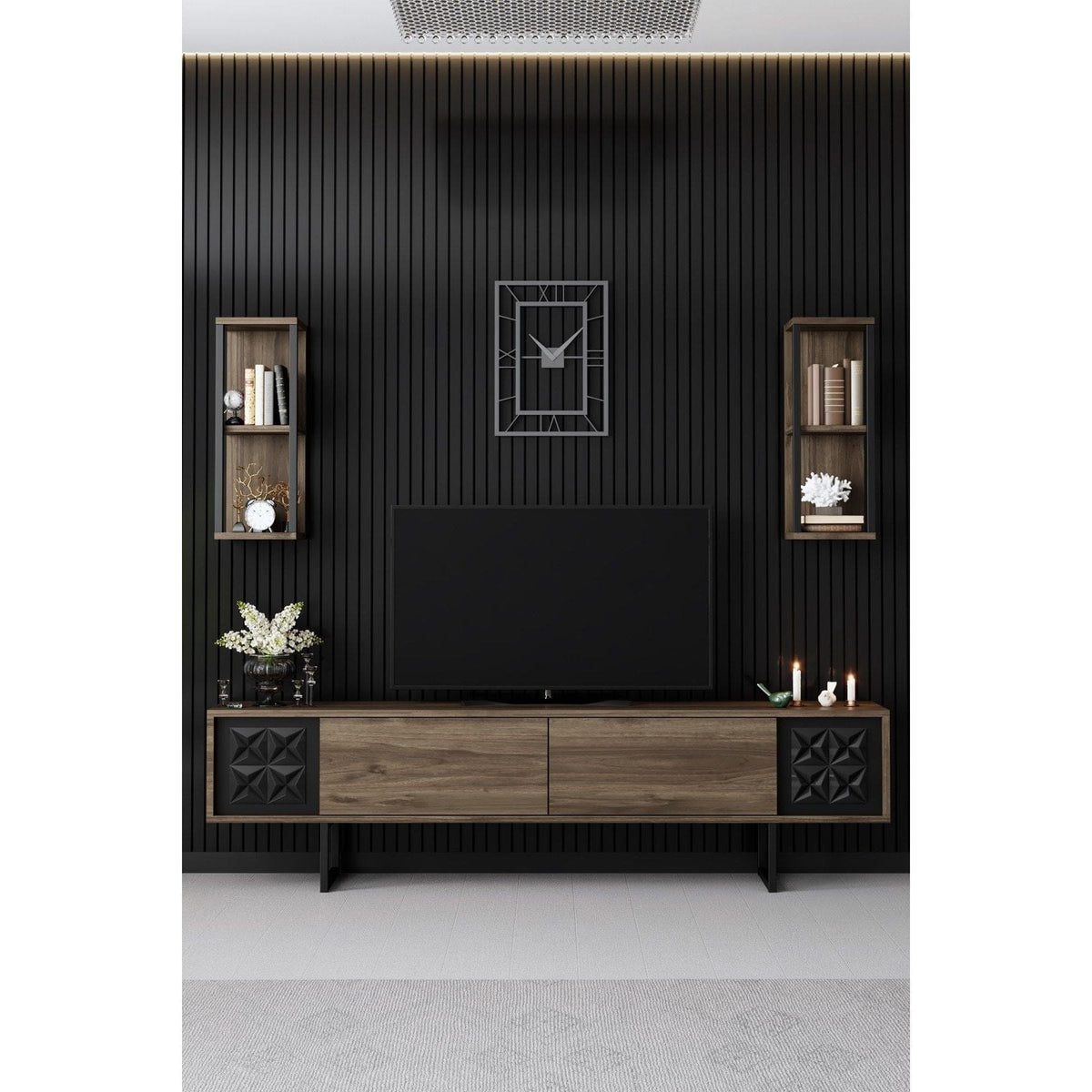Mobilier living 618BLY1155, stejar inchis/negru, PAL melaminat/negru, 4 piese