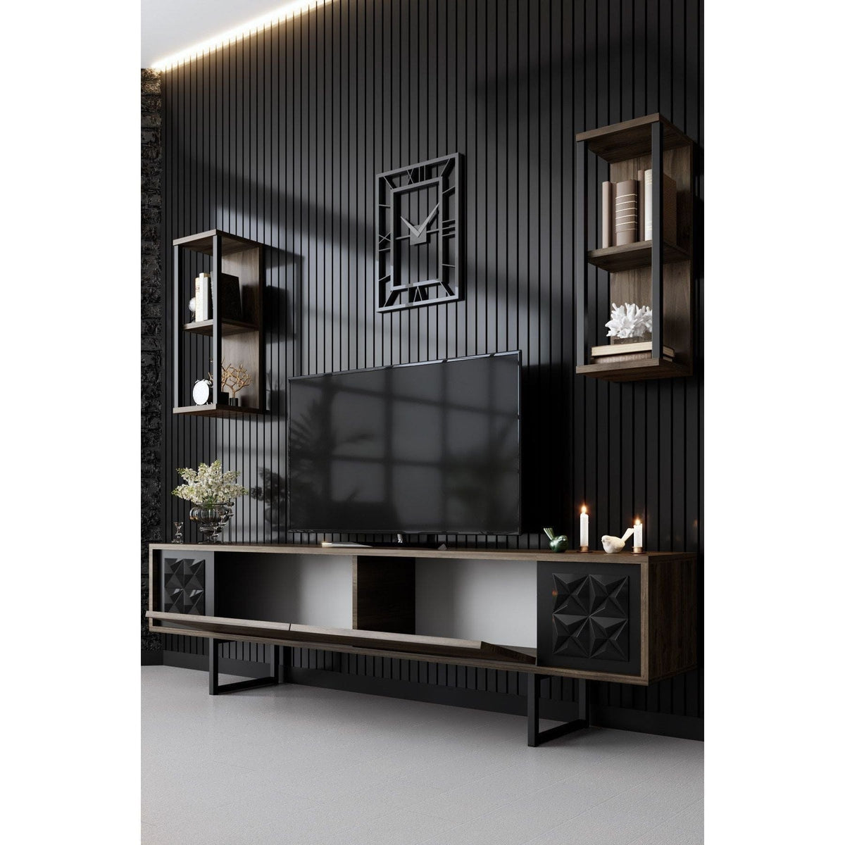 Mobilier living 618BLY1155, stejar inchis/negru, PAL melaminat/negru, 4 piese