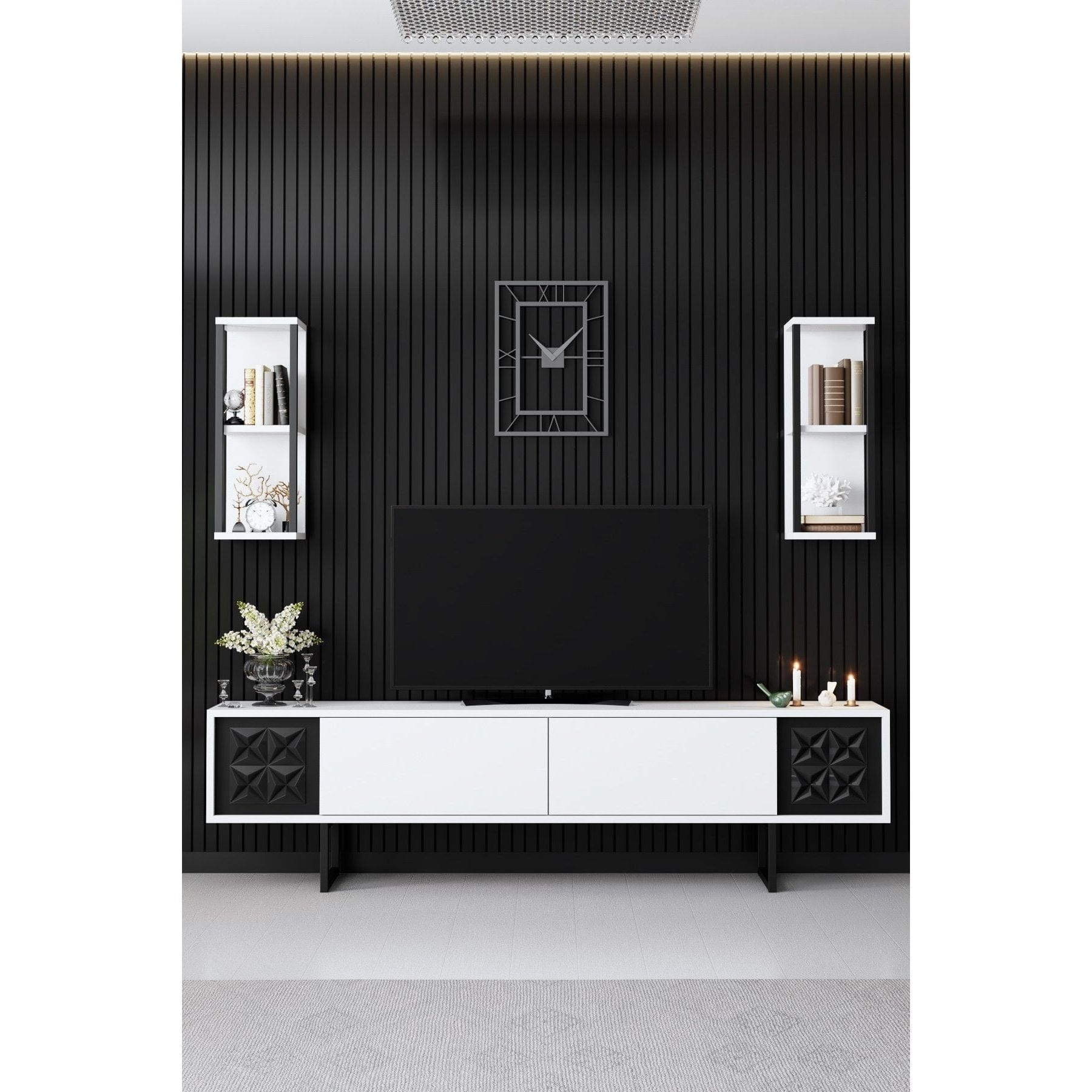 Mobilier living 618BLY1156, alb/negru, PAL melaminat/metal, 4 piese