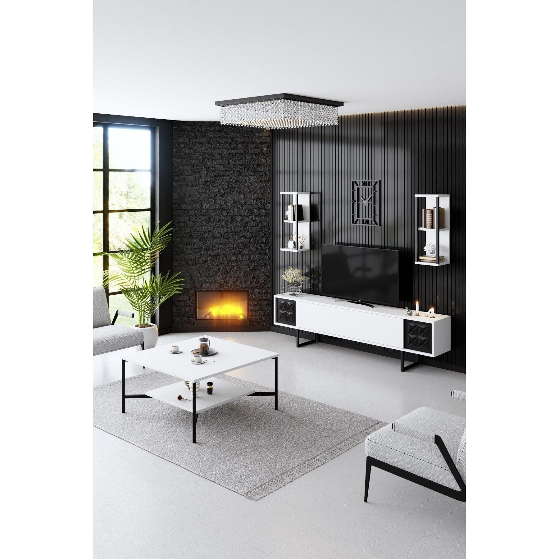 Mobilier living 618BLY1156, alb/negru, PAL melaminat/metal, 4 piese