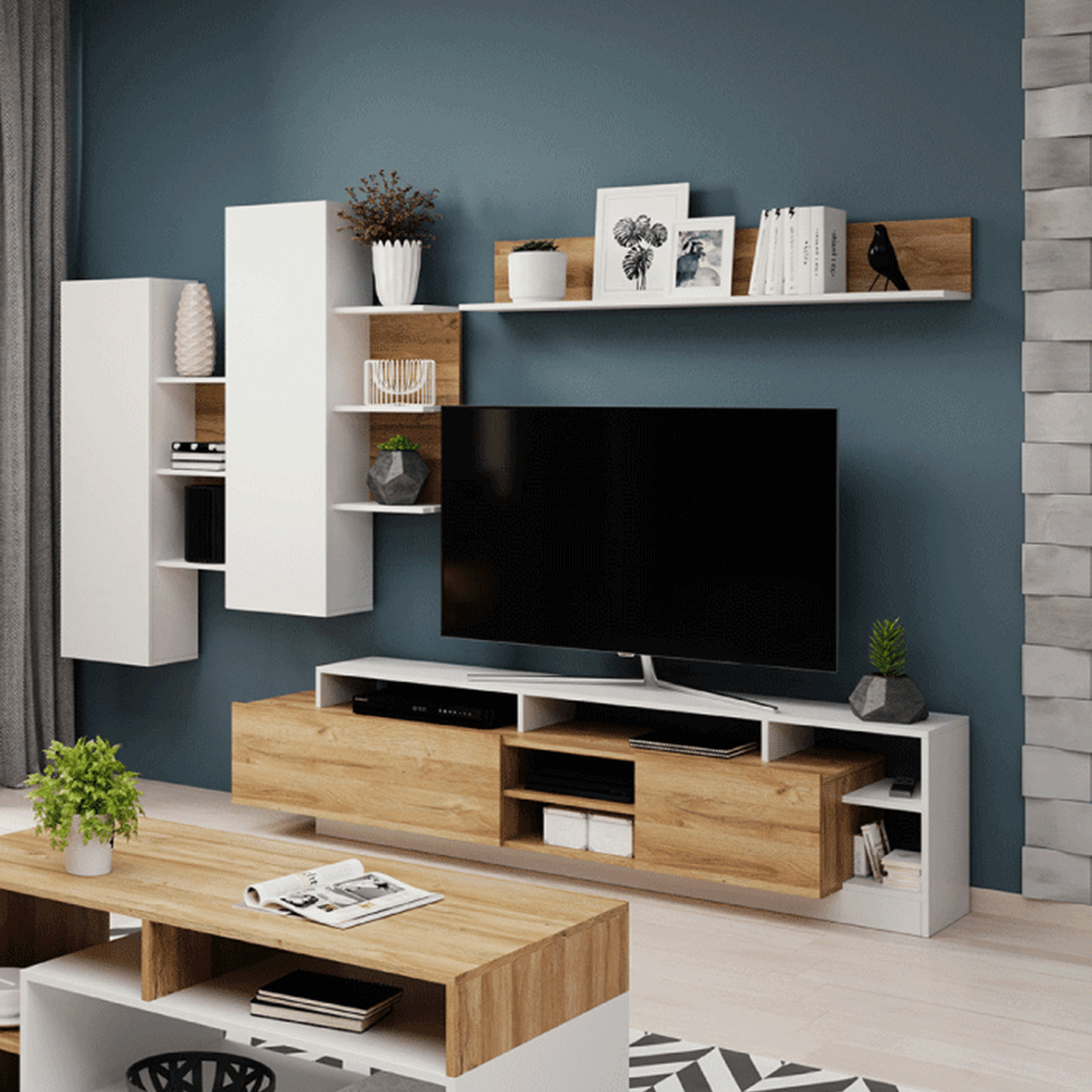 Mobilier living ALICANTE, stejar grandson/alb, PAL melaminat, 4 piese, 260x172x44 cm