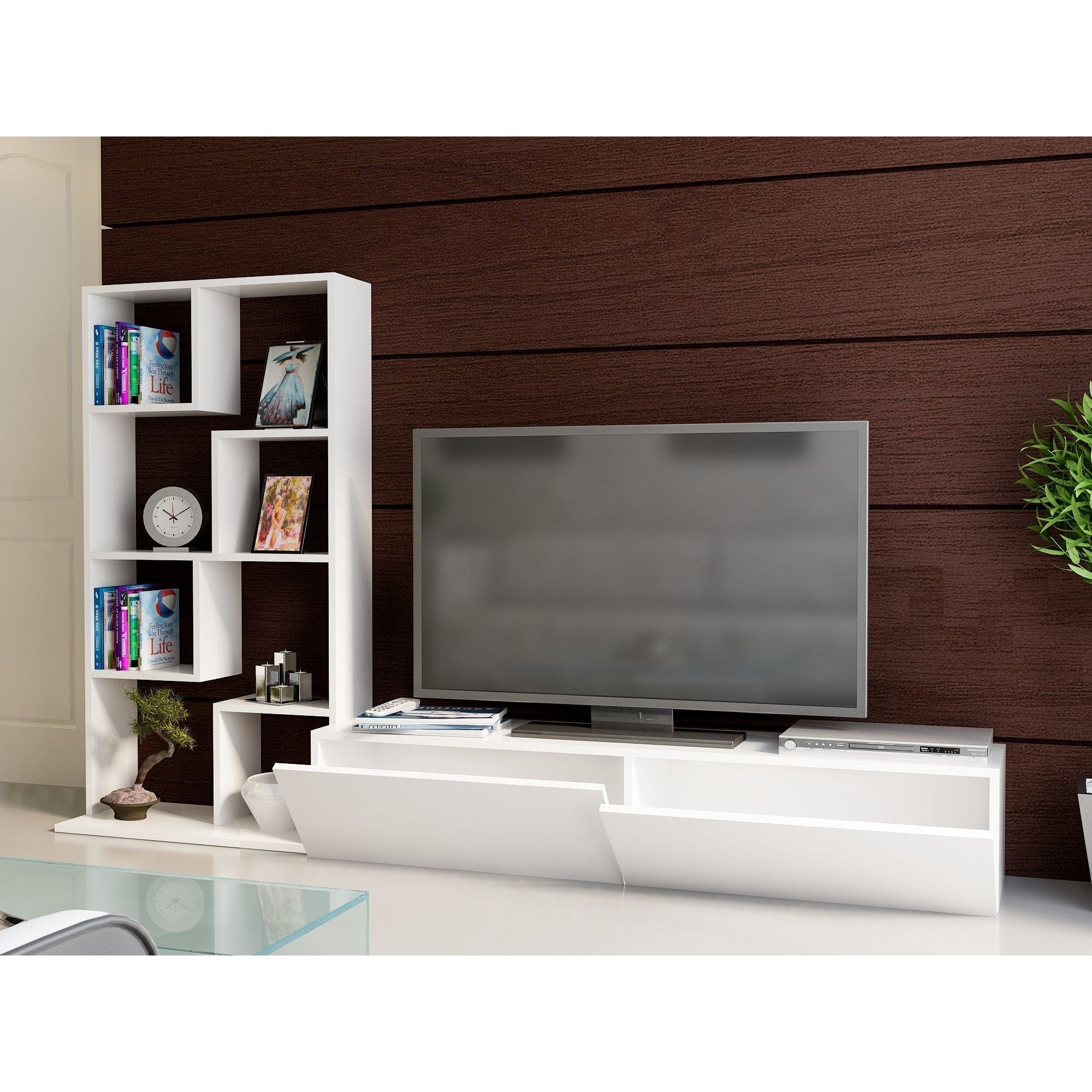 Mobilier living BARE, alb, PAL melaminat, 2 piese, 220x34x134 cm