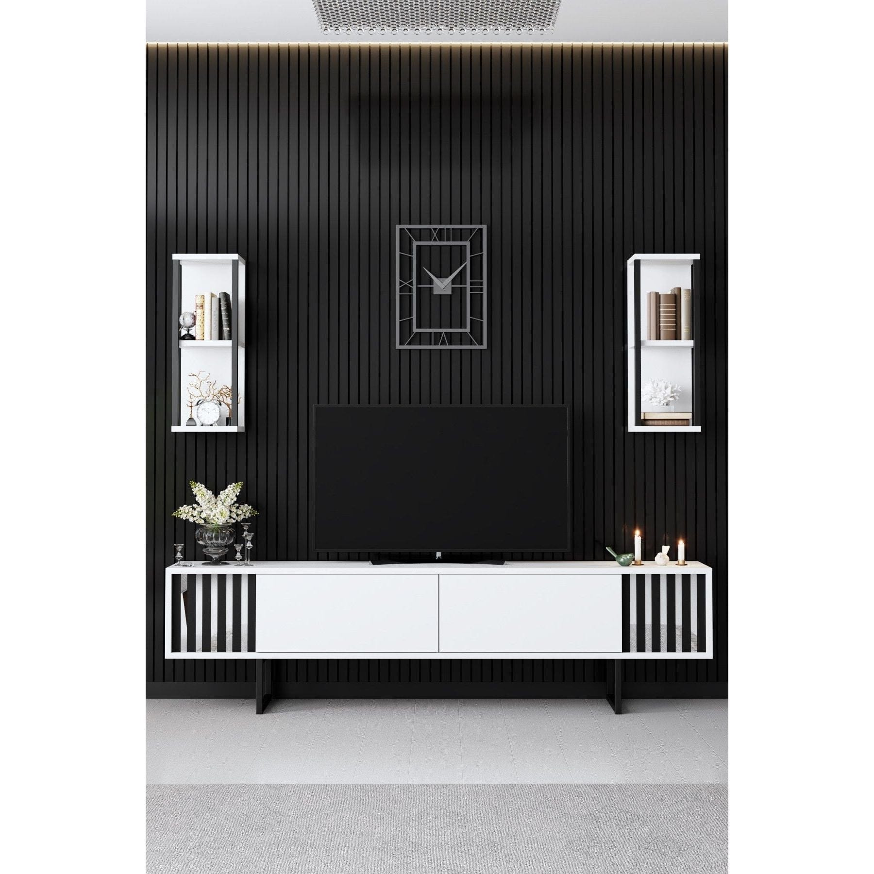 Mobilier living CHROME LINE, alb/negru, PAL melaminat/metal, 3 piese