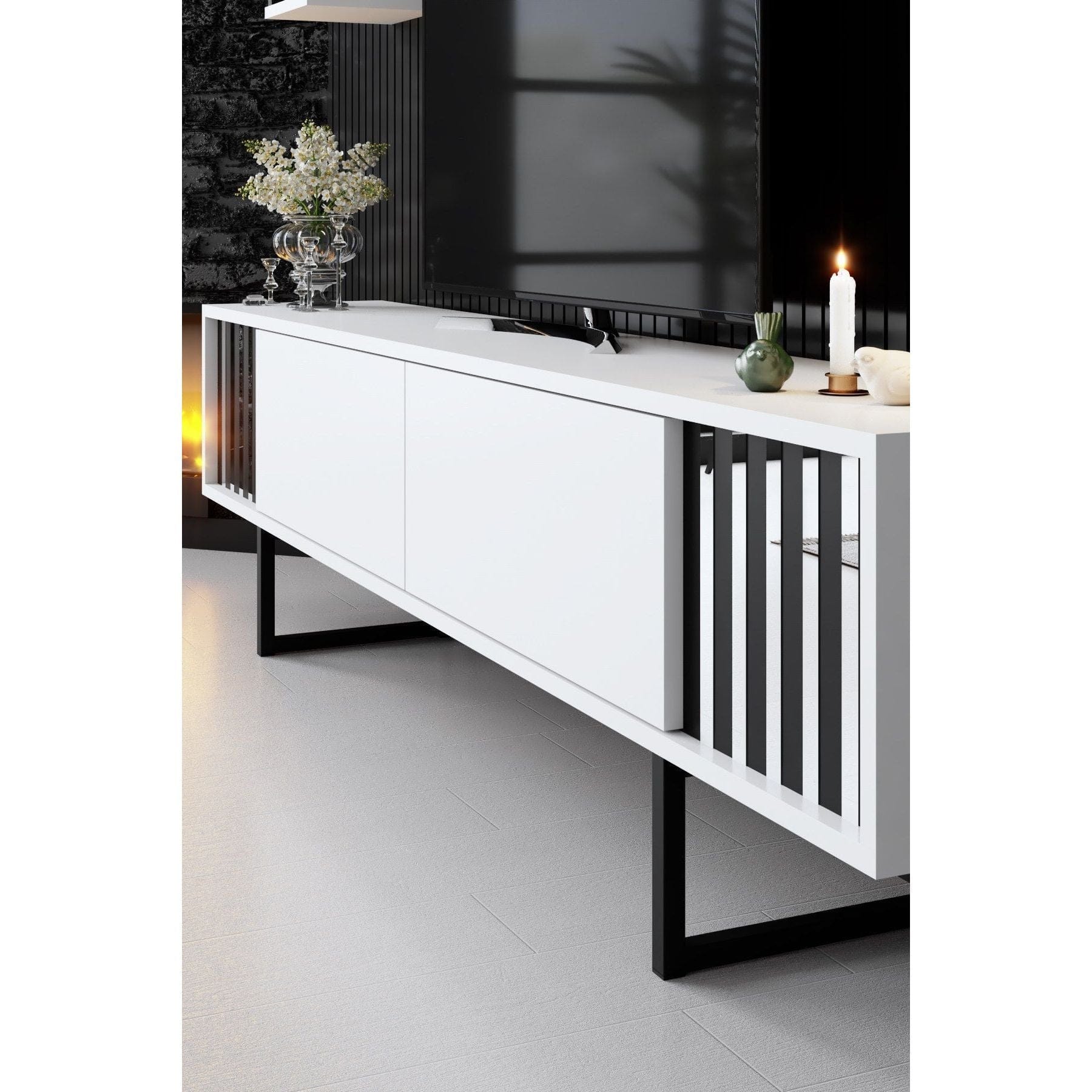 Mobilier living CHROME LINE, alb/negru, PAL melaminat/metal, 4 piese