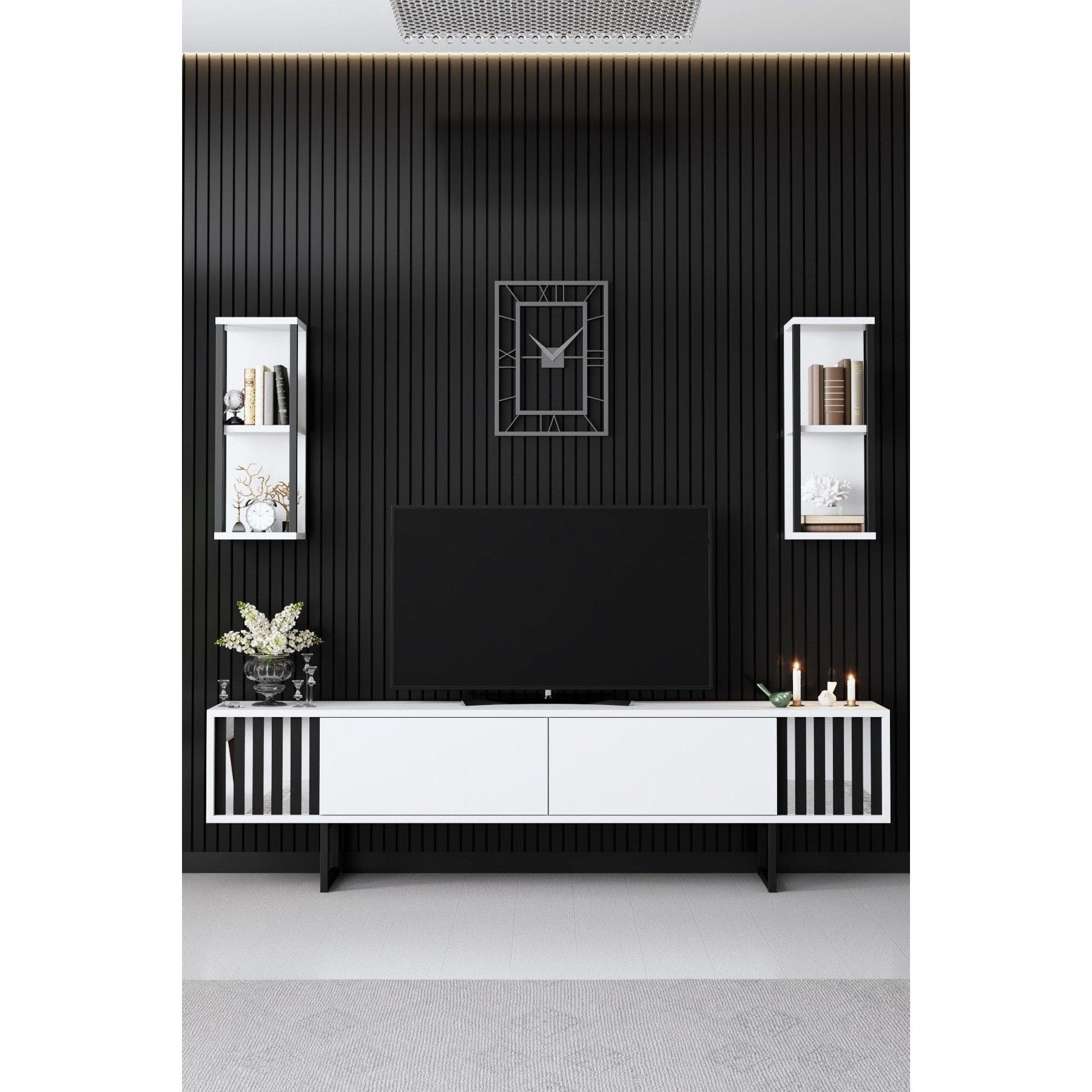 Mobilier living CHROME LINE, alb/negru, PAL melaminat/metal, 4 piese