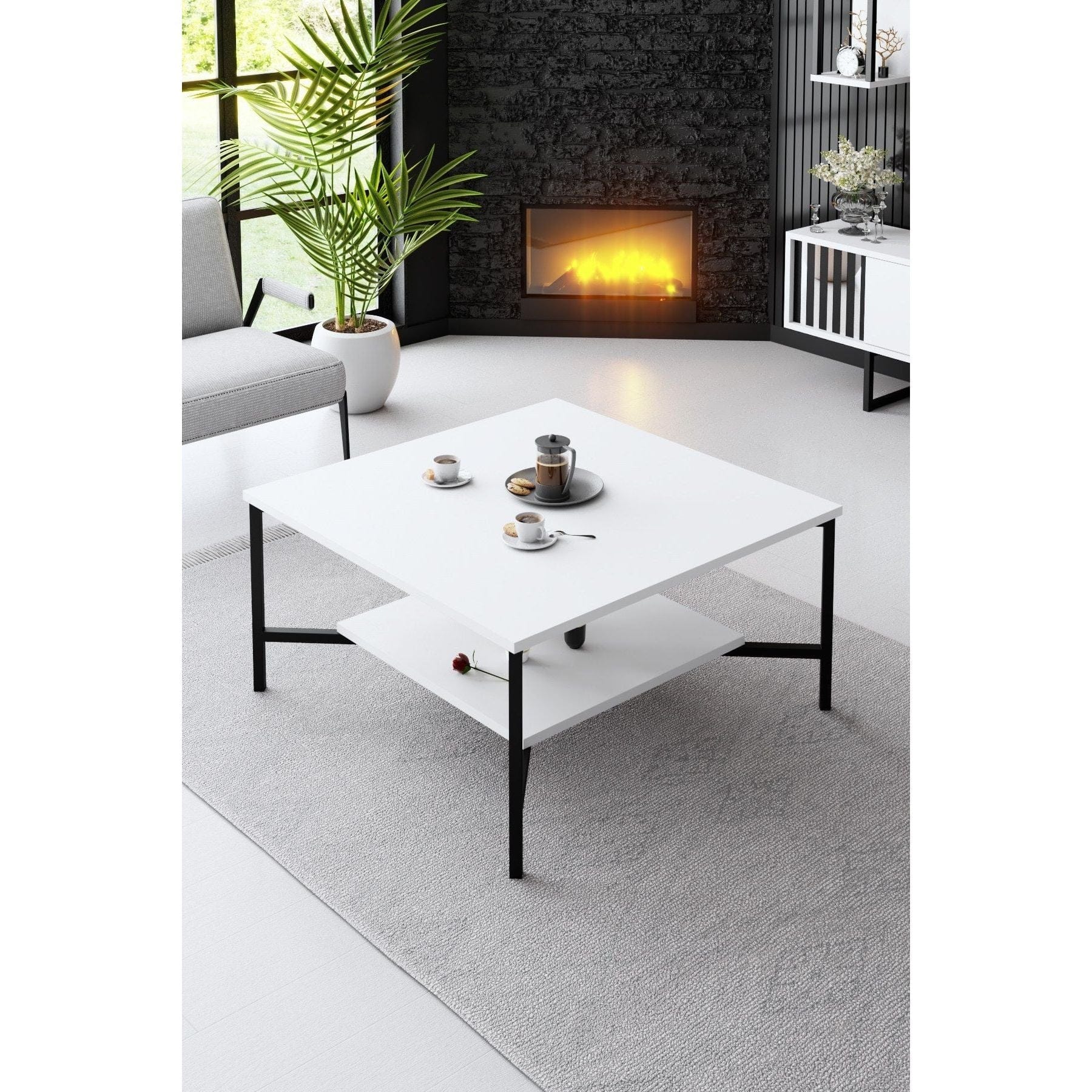 Mobilier living CHROME LINE, alb/negru, PAL melaminat/metal, 4 piese