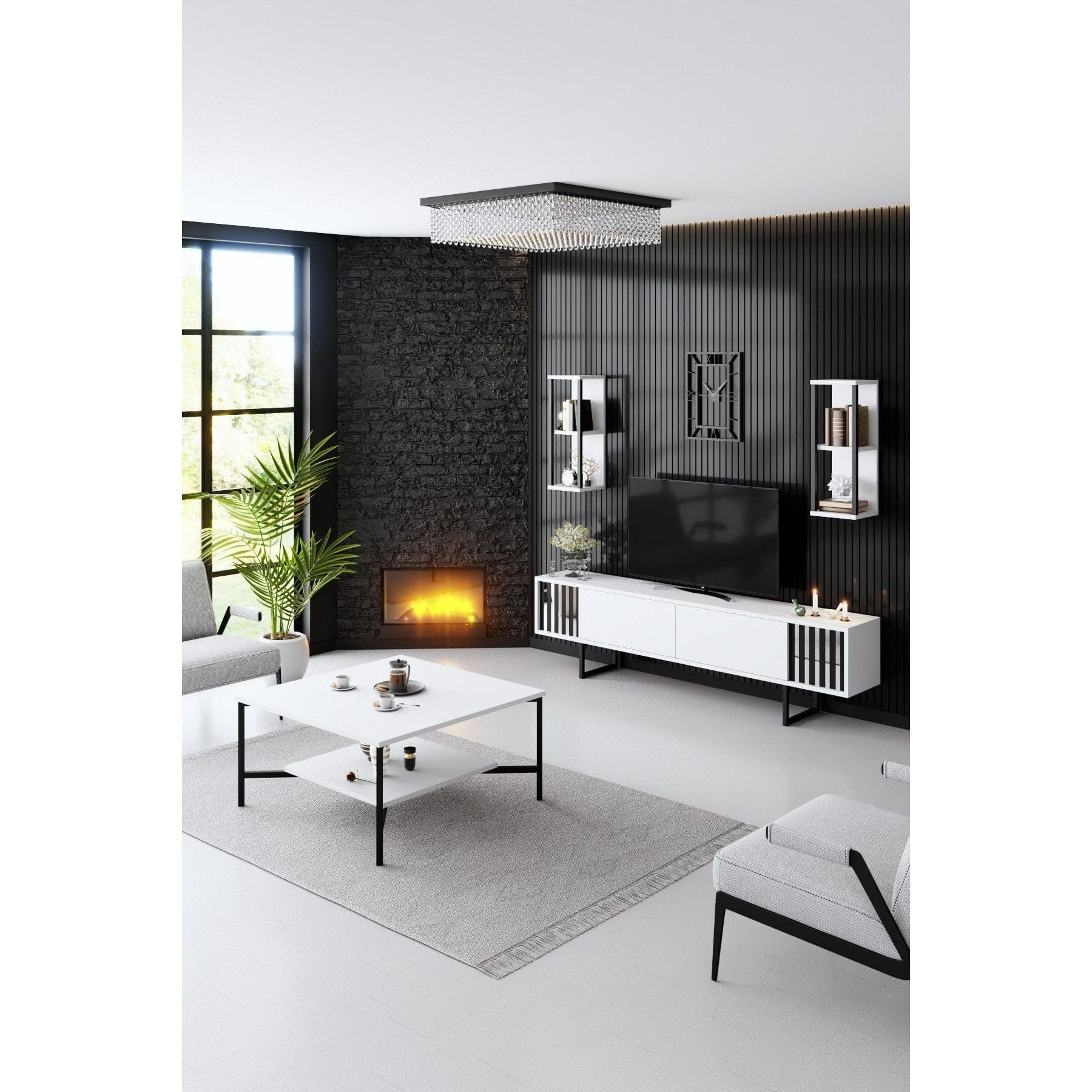 Mobilier living CHROME LINE, alb/negru, PAL melaminat/metal, 4 piese