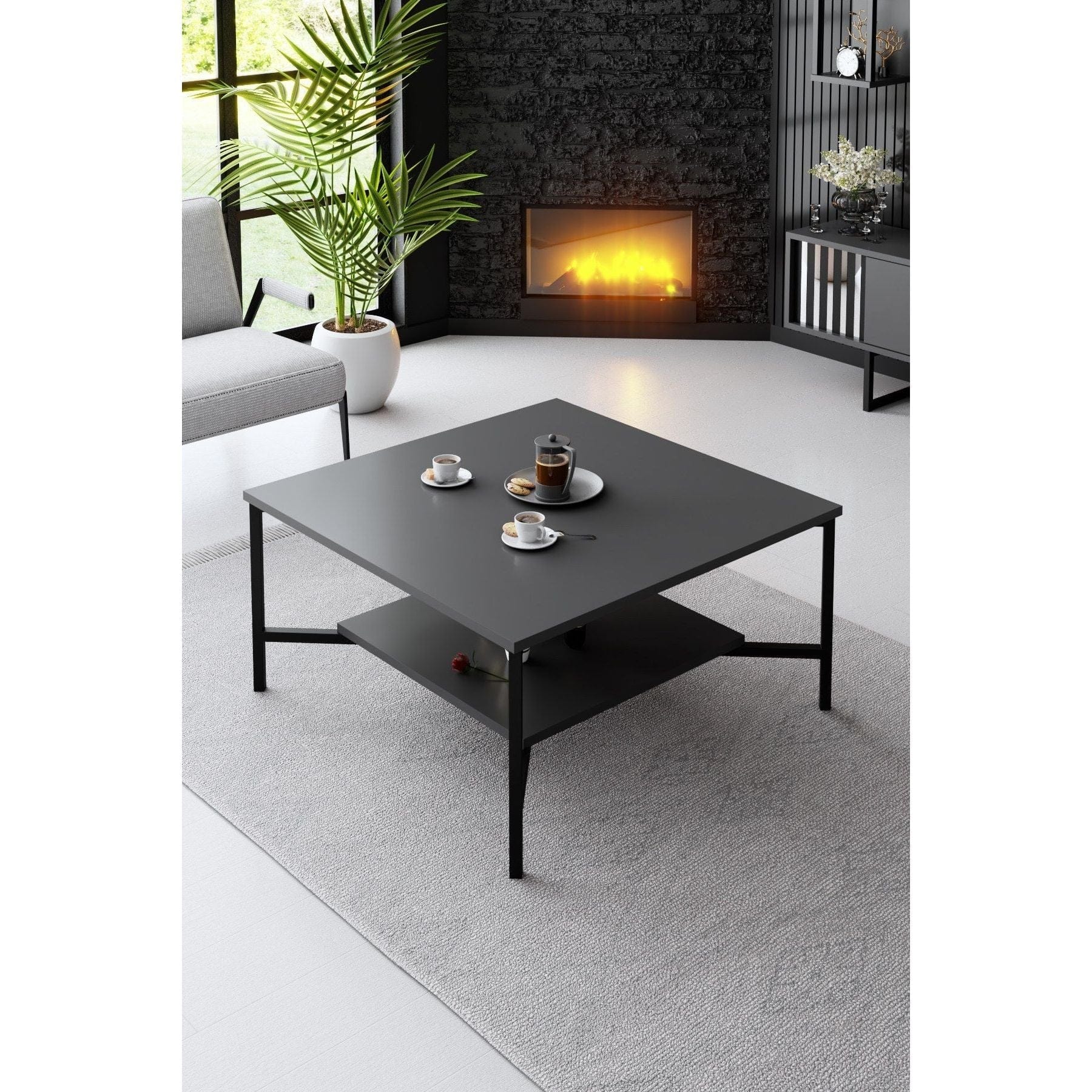 Mobilier living CHROME LINE, gri antracit/negru, PAL melaminat/metal, 4 piese