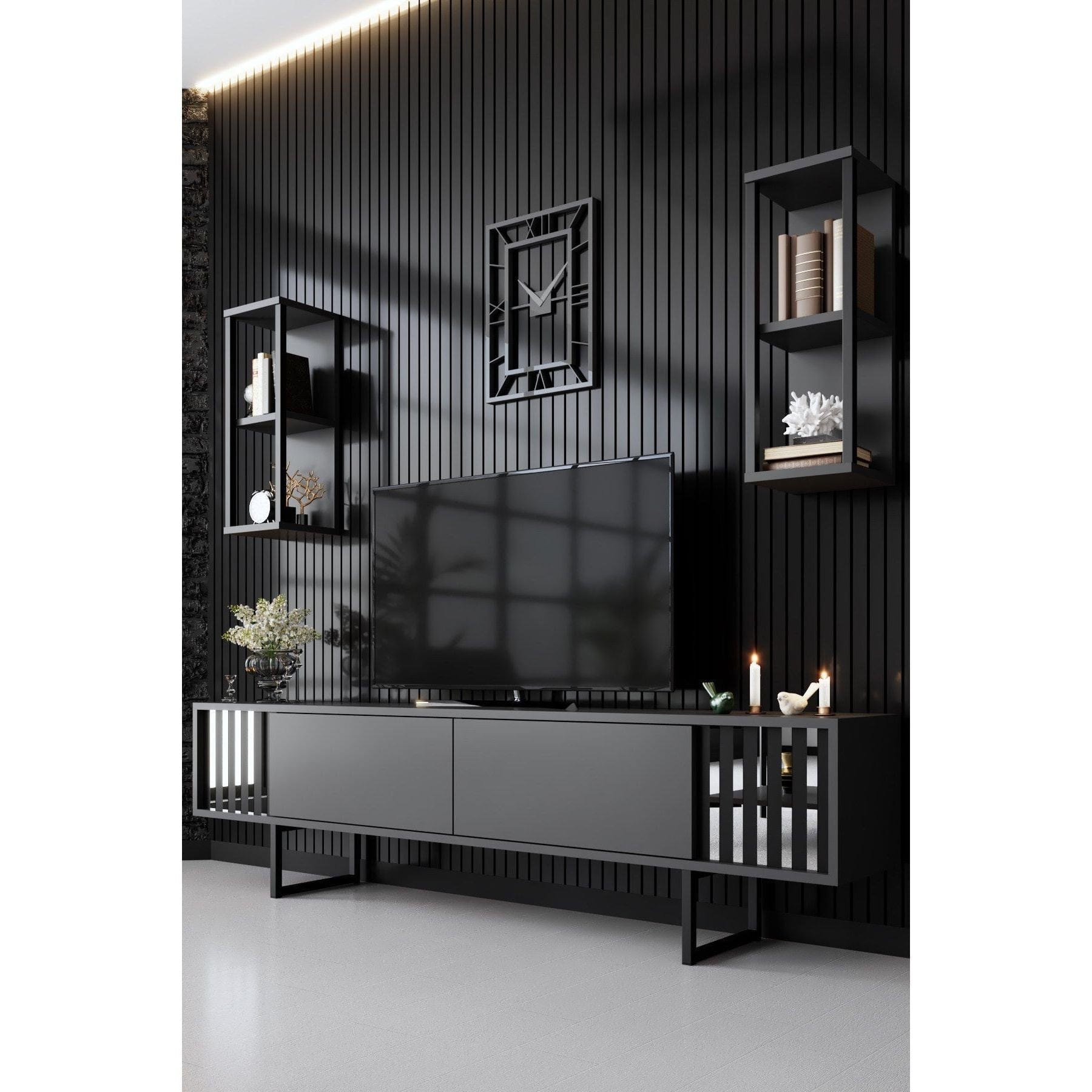 Mobilier living CHROME LINE, gri antracit/negru, PAL melaminat/metal, 4 piese