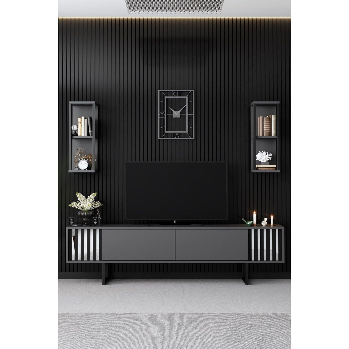 Mobilier living CHROME LINE, gri antracit/negru, PAL melaminat/metal, 4 piese