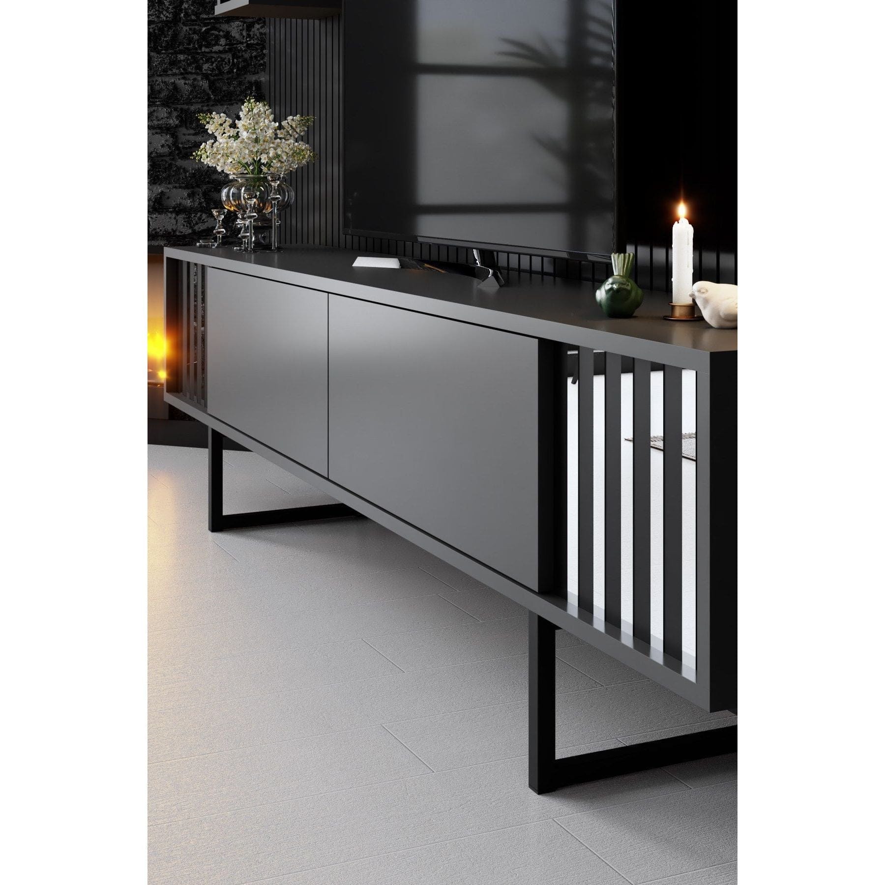 Mobilier living CHROME LINE, gri antracit/negru, PAL melaminat/metal, 4 piese