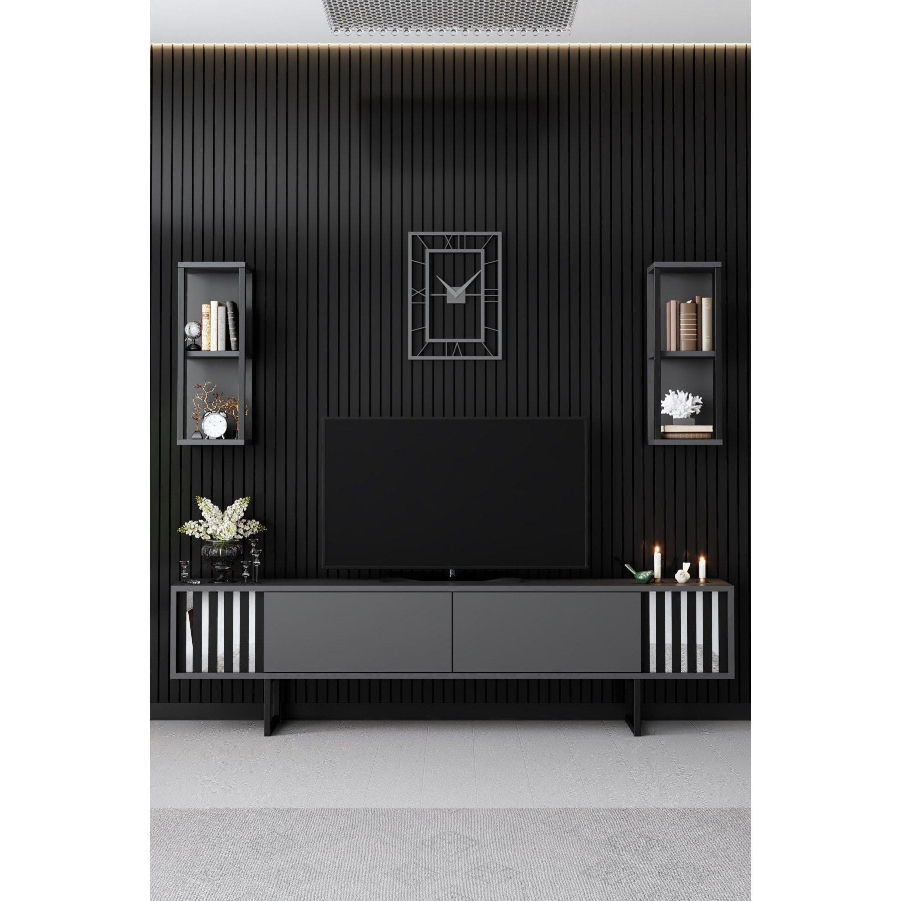 Mobilier living CHROME LINE, gri/negru, PAL melaminat/metal, 3 piese