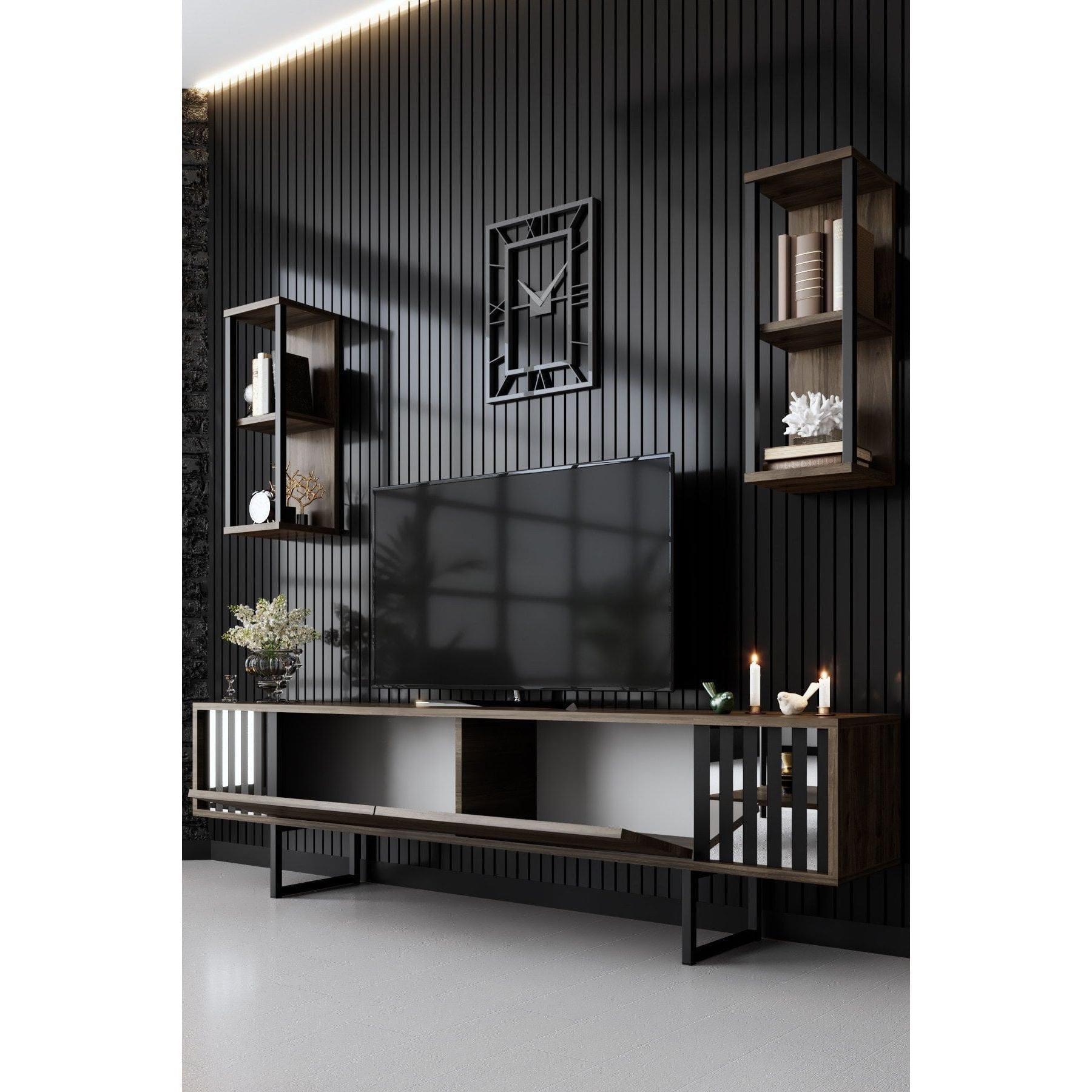 Mobilier living CHROME LINE, nuc/negru, PAL melaminat/metal, 3 piese