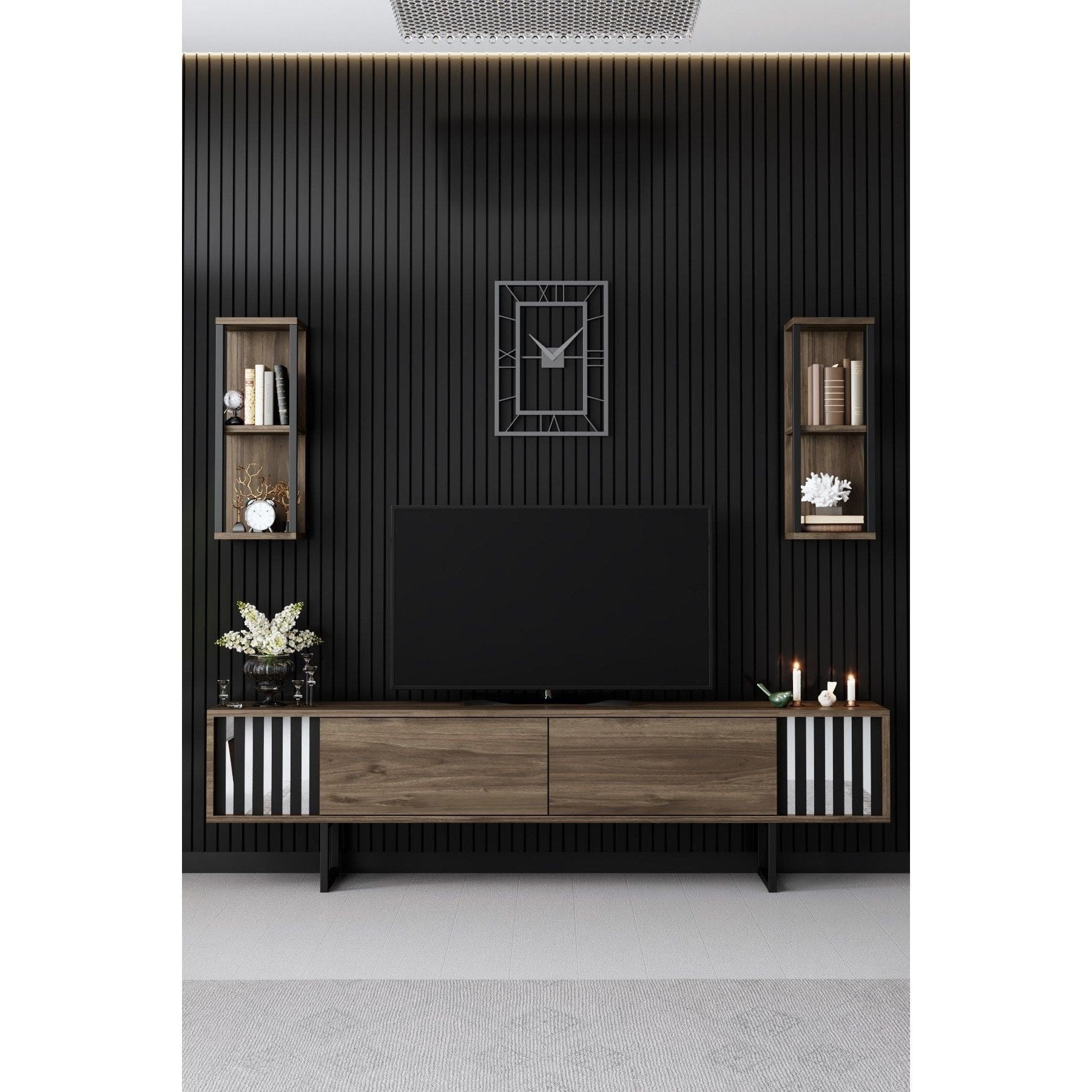 Mobilier living CHROME LINE, stejar inchis/negru, PAL melaminat/metal, 4 piese