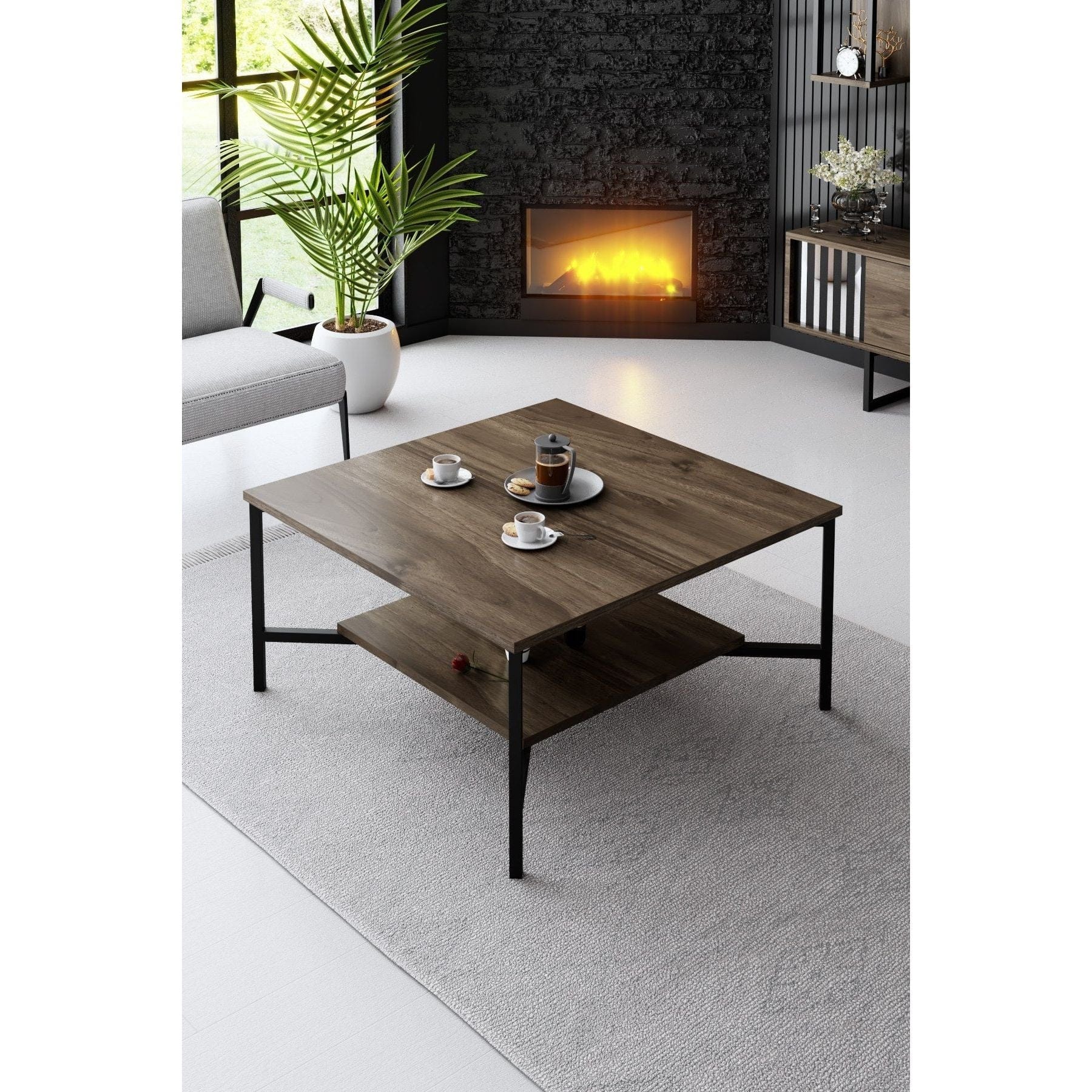 Mobilier living CHROME LINE, stejar inchis/negru, PAL melaminat/metal, 4 piese