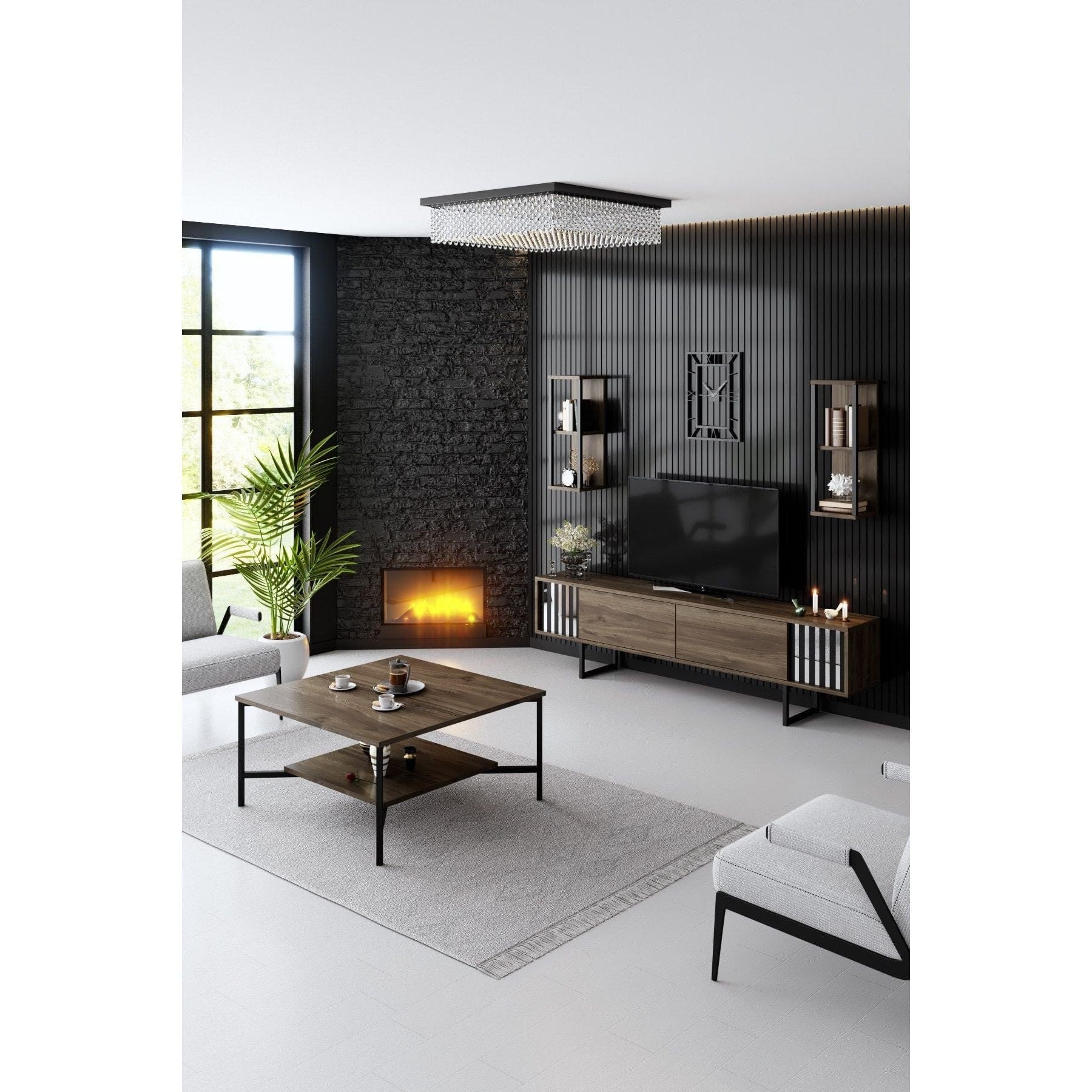 Mobilier living CHROME LINE, stejar inchis/negru, PAL melaminat/metal, 4 piese