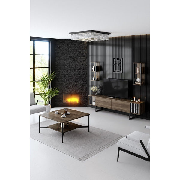 Mobilier living CHROME LINE, stejar inchis/negru, PAL melaminat/metal, 4 piese
