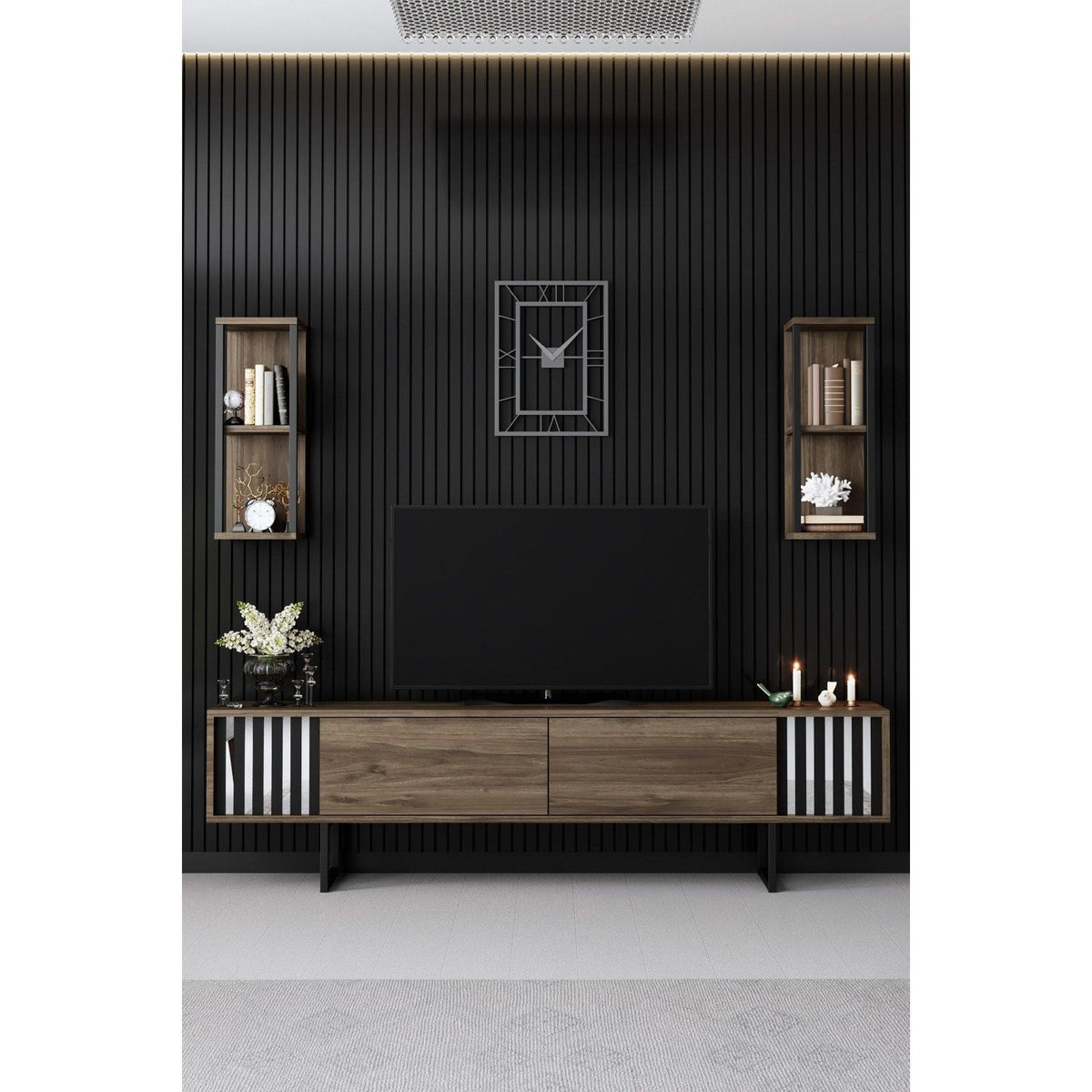 Mobilier living CHROME LINE, stejar inchis/negru, PAL melaminat/metal, 4 piese