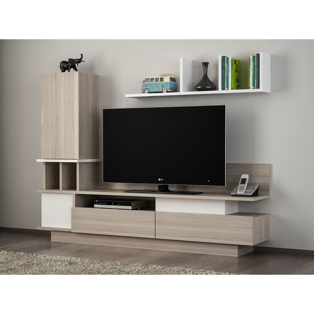 Mobilier living COMO, alb/stejar, PAL melaminat, 4 piese, 149x32x171 cm